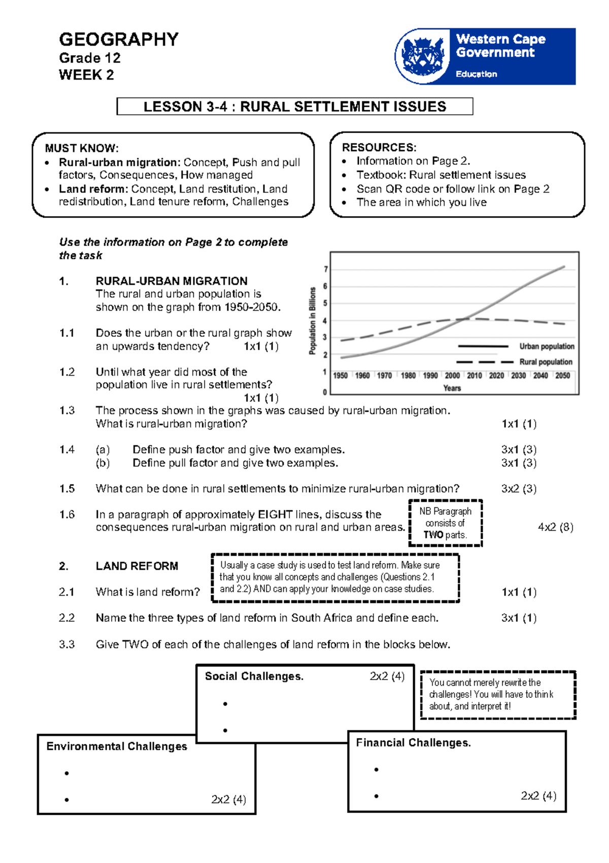 FET T2 Week 2 Grade 12 Geography: Rural Settlement Issues & Migration ...