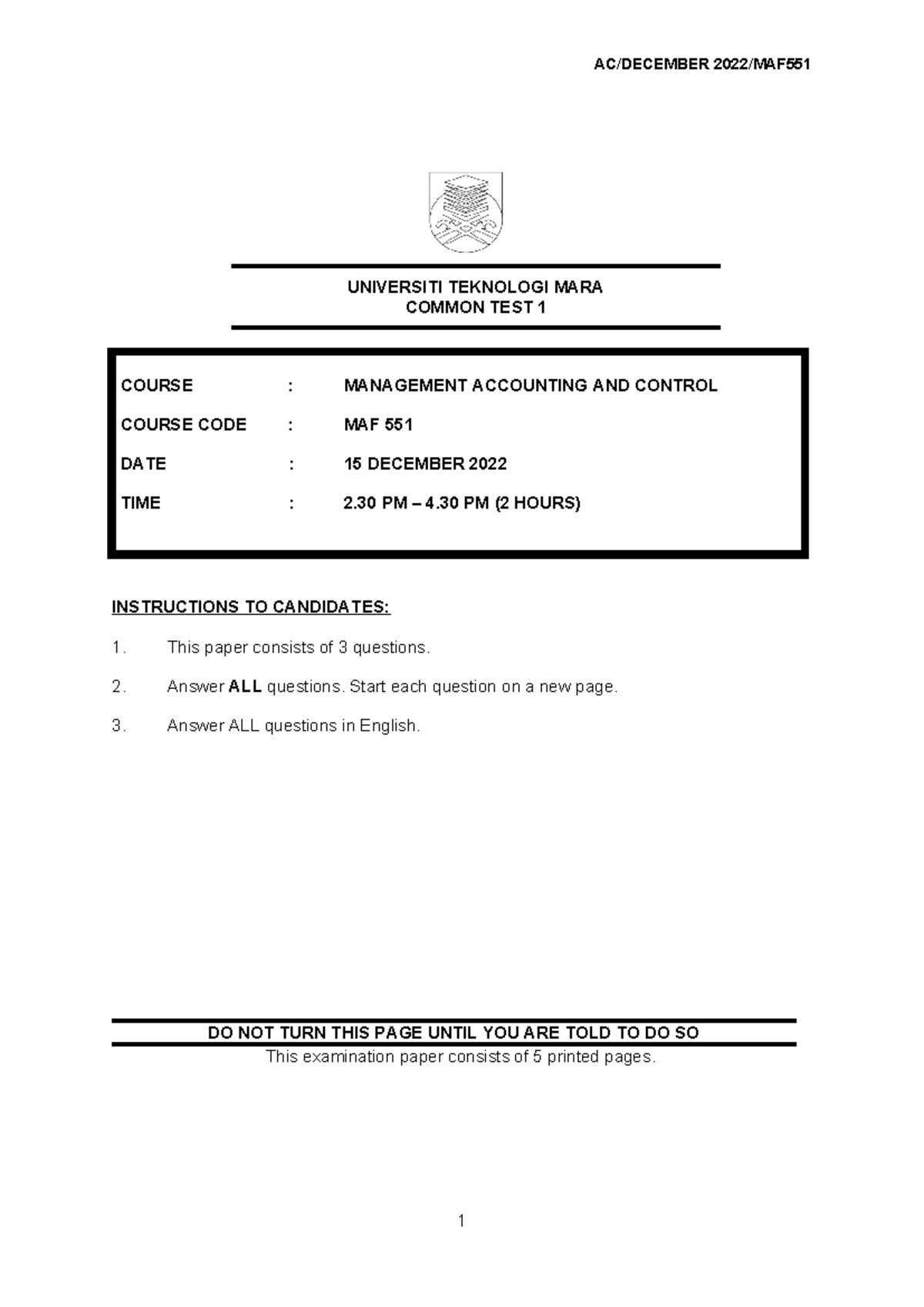 Test 1 questions for MAF 551 management accounting and control - Studocu