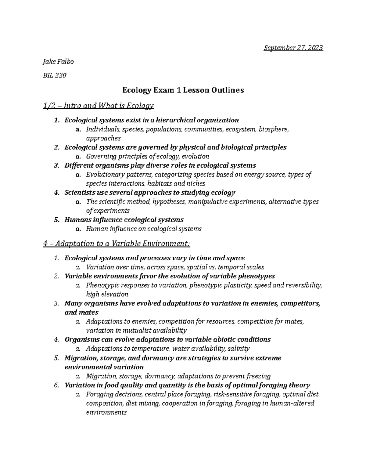 BIL 330 Exam 1 Ecology Lecture Notes and Key Concepts - Studocu