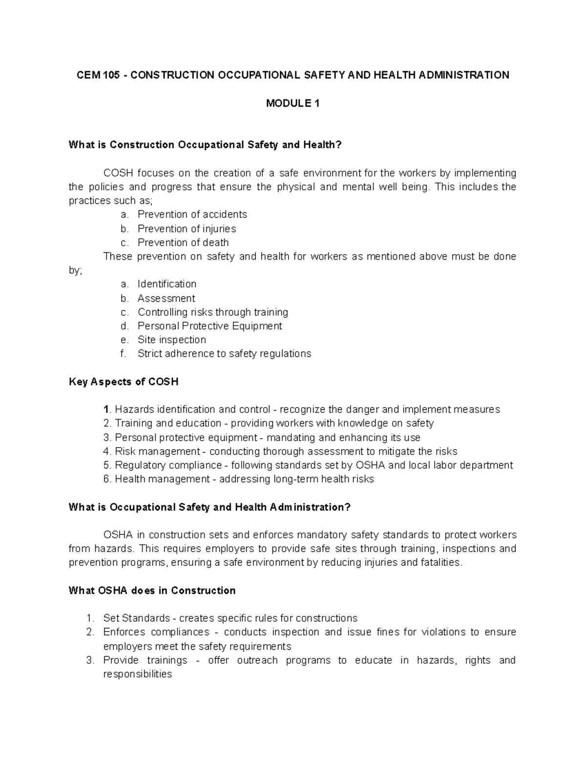 CEM 105 Module 1: Introduction to Construction Occupational Safety and ...