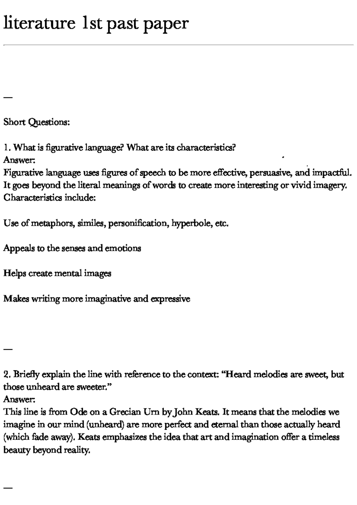 1st Literature Past Paper: Short Questions & Answers - Studocu