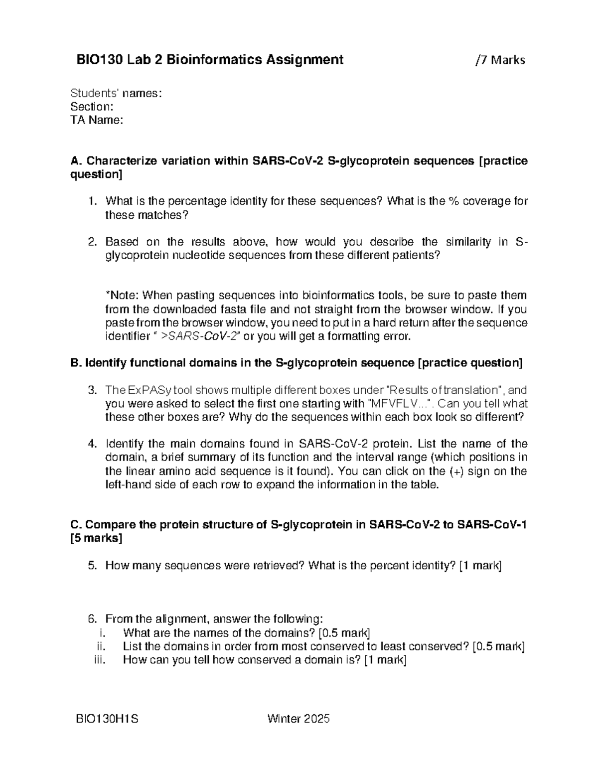 Lab 2 Bioinformatics Assignment 2025 - BIO130 Lab 2 Bioinformatics ...