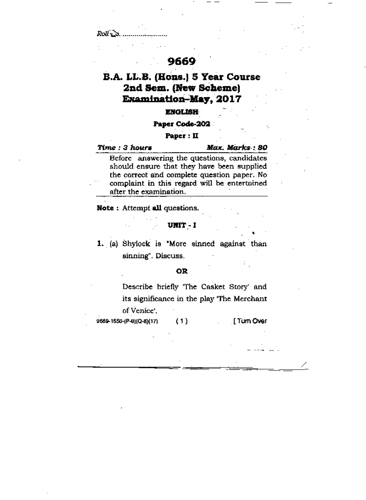 B.A. LL.B. (Hons.) 2nd Sem. English Exam Paper 9669 May 2017 - Studocu