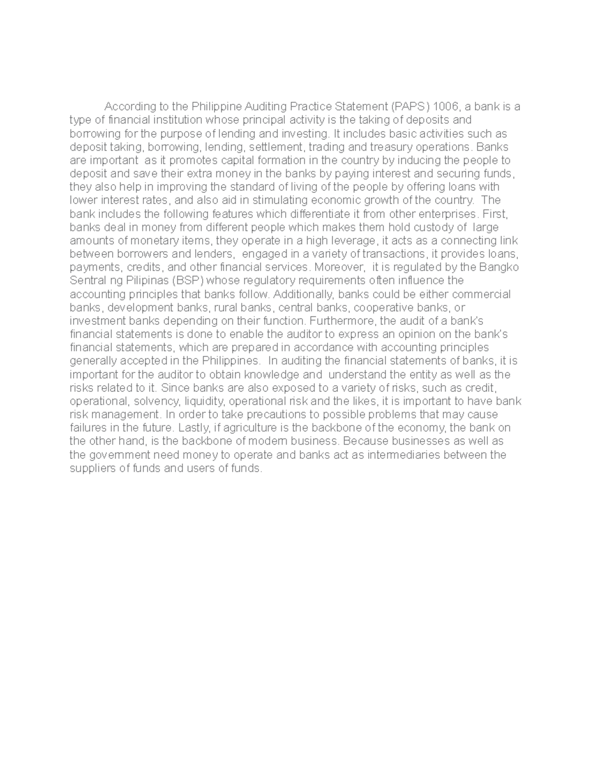PAPS - banks - According to the Philippine Auditing Practice Statement ...