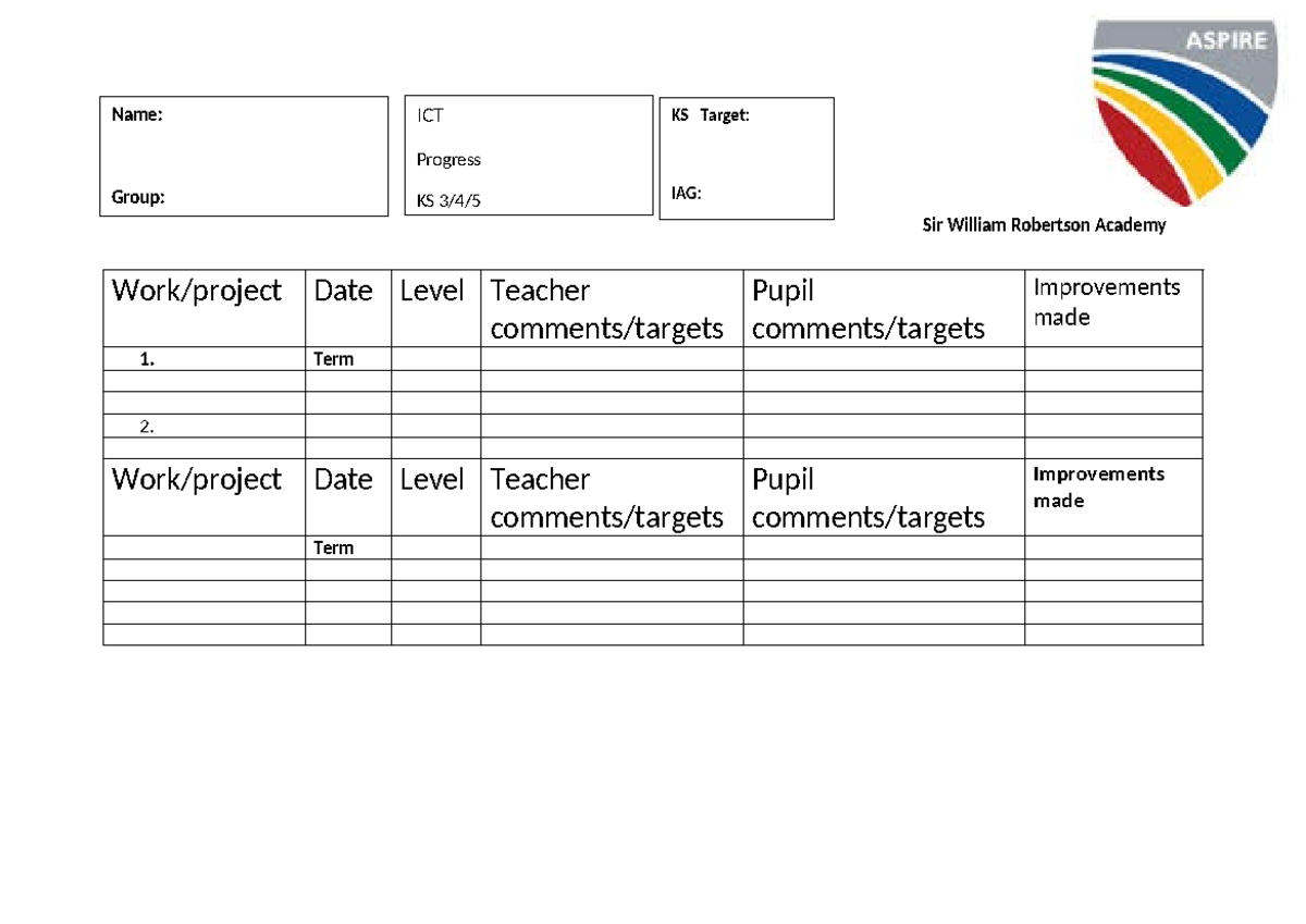ICT progress grid 2 - hgfjnfgh - Work/project Date Level Teacher ...