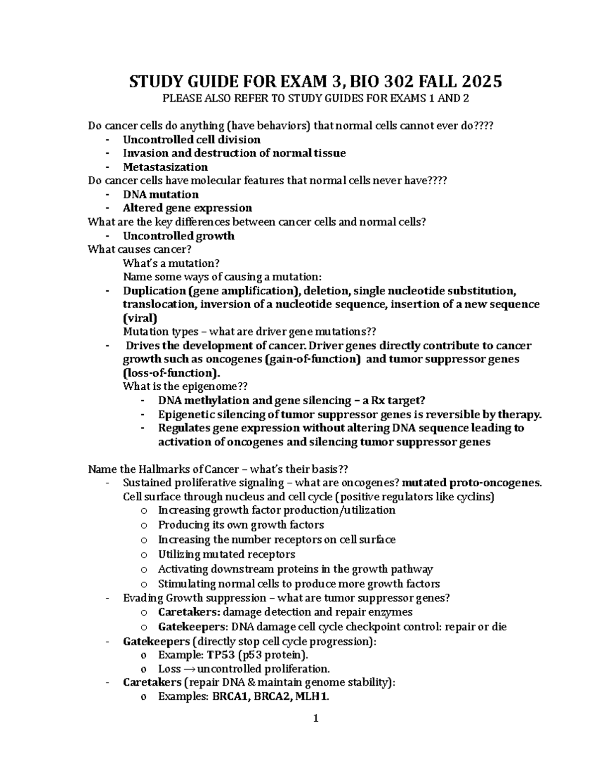 BIO 302 FALL 2025 Exam 3 Study Guide: Key Concepts in Cancer Biology ...