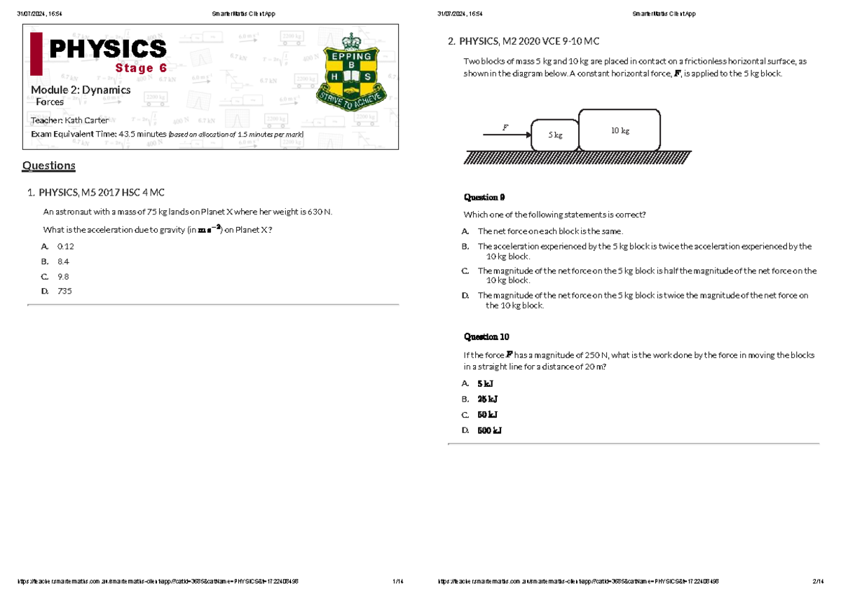 PHYSICS M2 2020 VCE Forces Practice Exam Questions & Solutions - Studocu