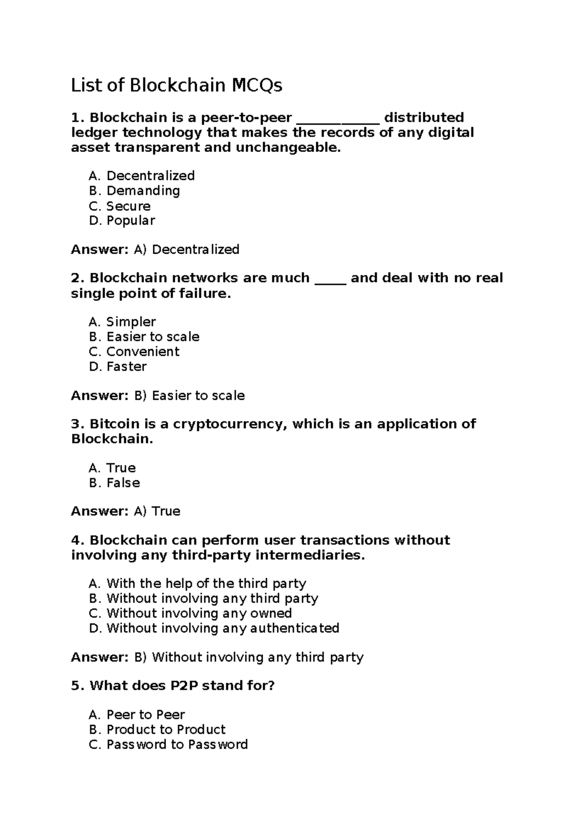MCQ on Blockchain Technology - Comprehensive Quiz Guide - Studocu