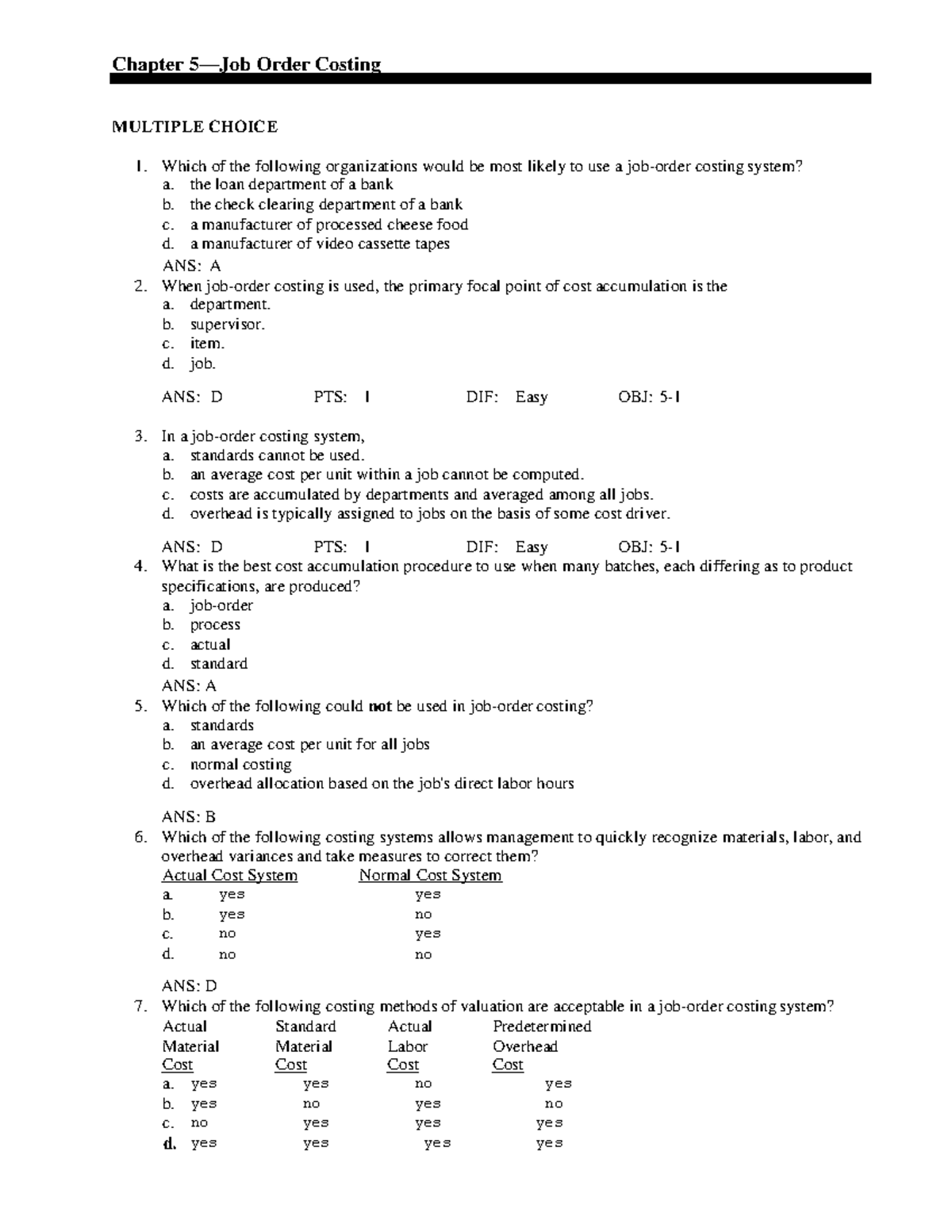 Chapter 5 Q&A: Job Order Costing Test Bank Insights - Studocu