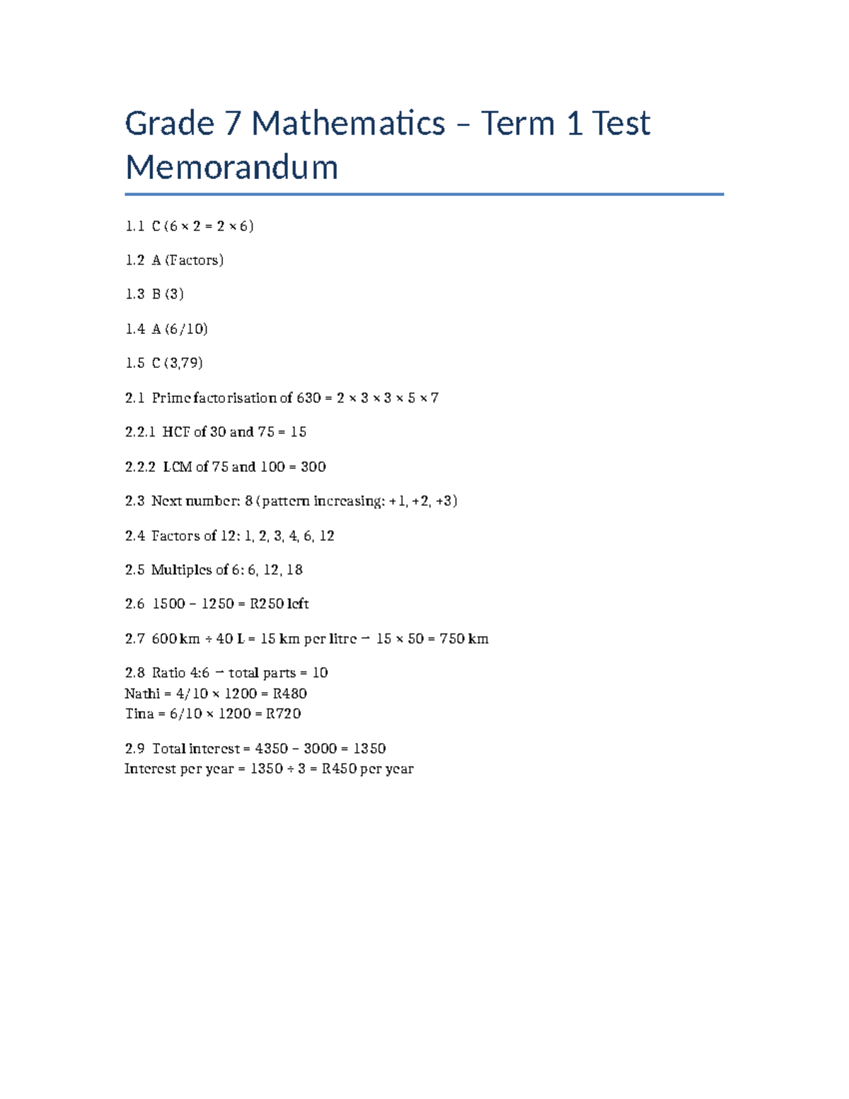 Grade 7 Mathematics Term 1 Test Memorandum - Studocu