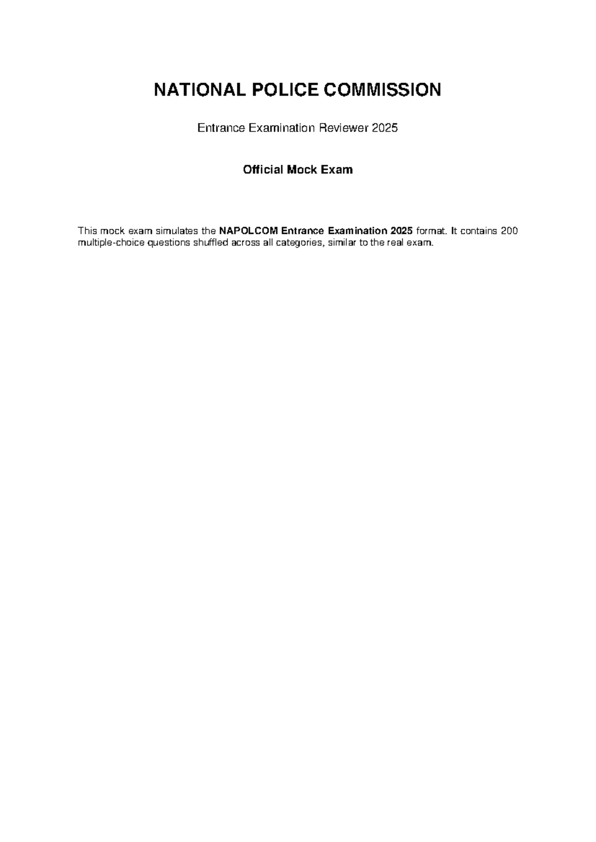 NAPOLCOM 2025 Entrance Exam Mock Exam Reviewer - Studocu