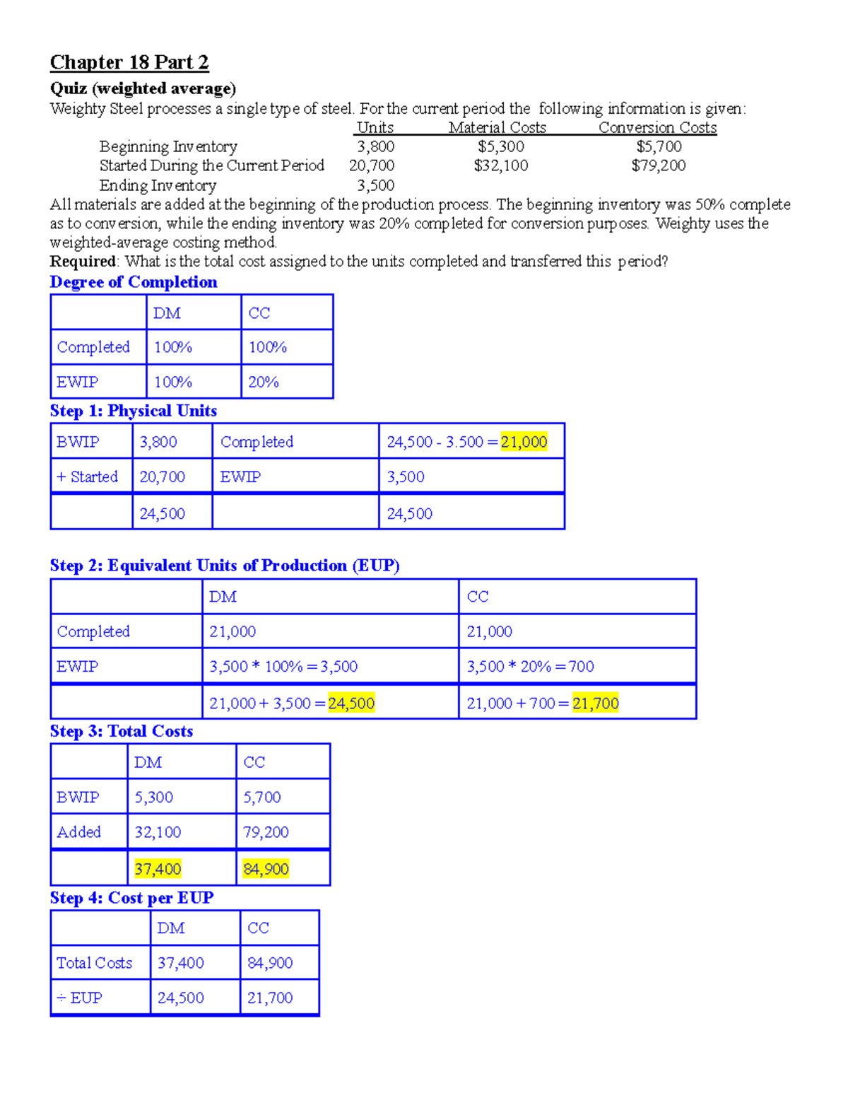 Chapter 18 Part 2 Solutions: Weighted Average Costing Methods - Studocu