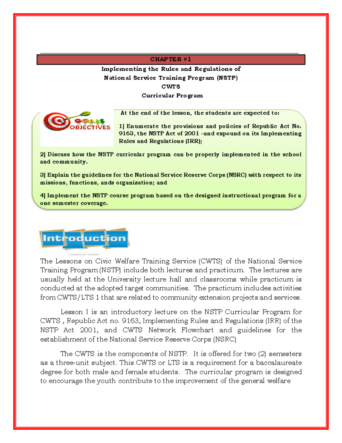 NSTP CWTS Chapter 1: Implementing Rules & Regulations Overview - Studocu