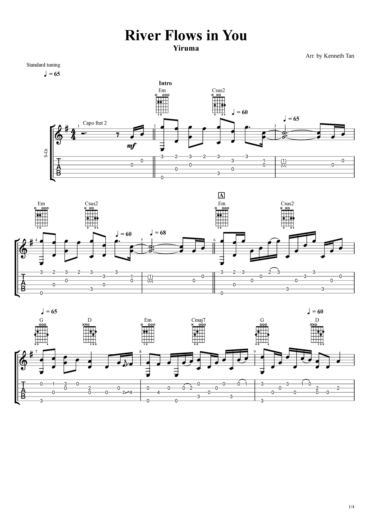 River Flows in You - Yiruma (Arr. Kenneth Tan) - Guitar Tabs - Studocu