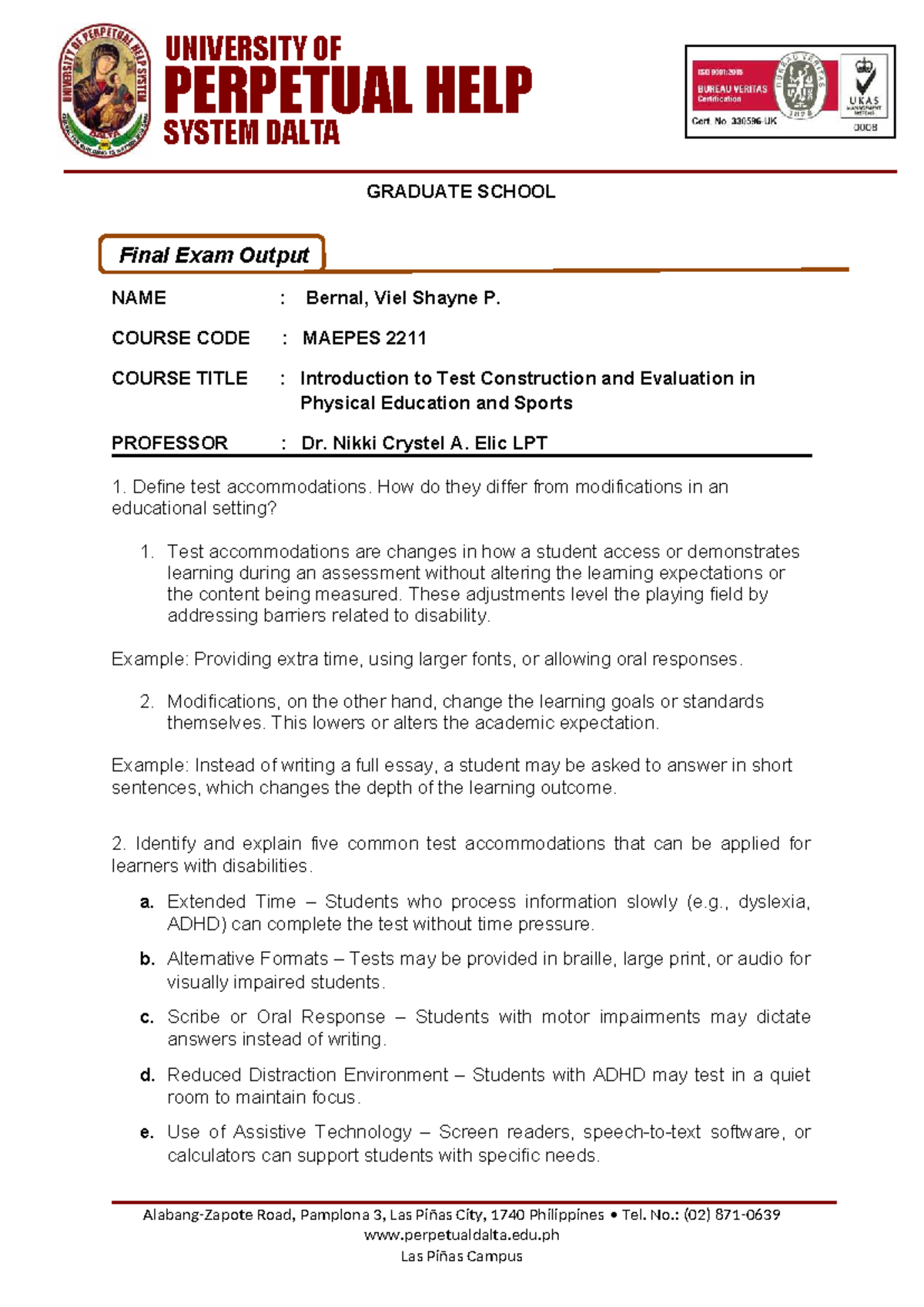 MAEPES 2211 Final Exam Output: Test Accommodations in PE - Studocu