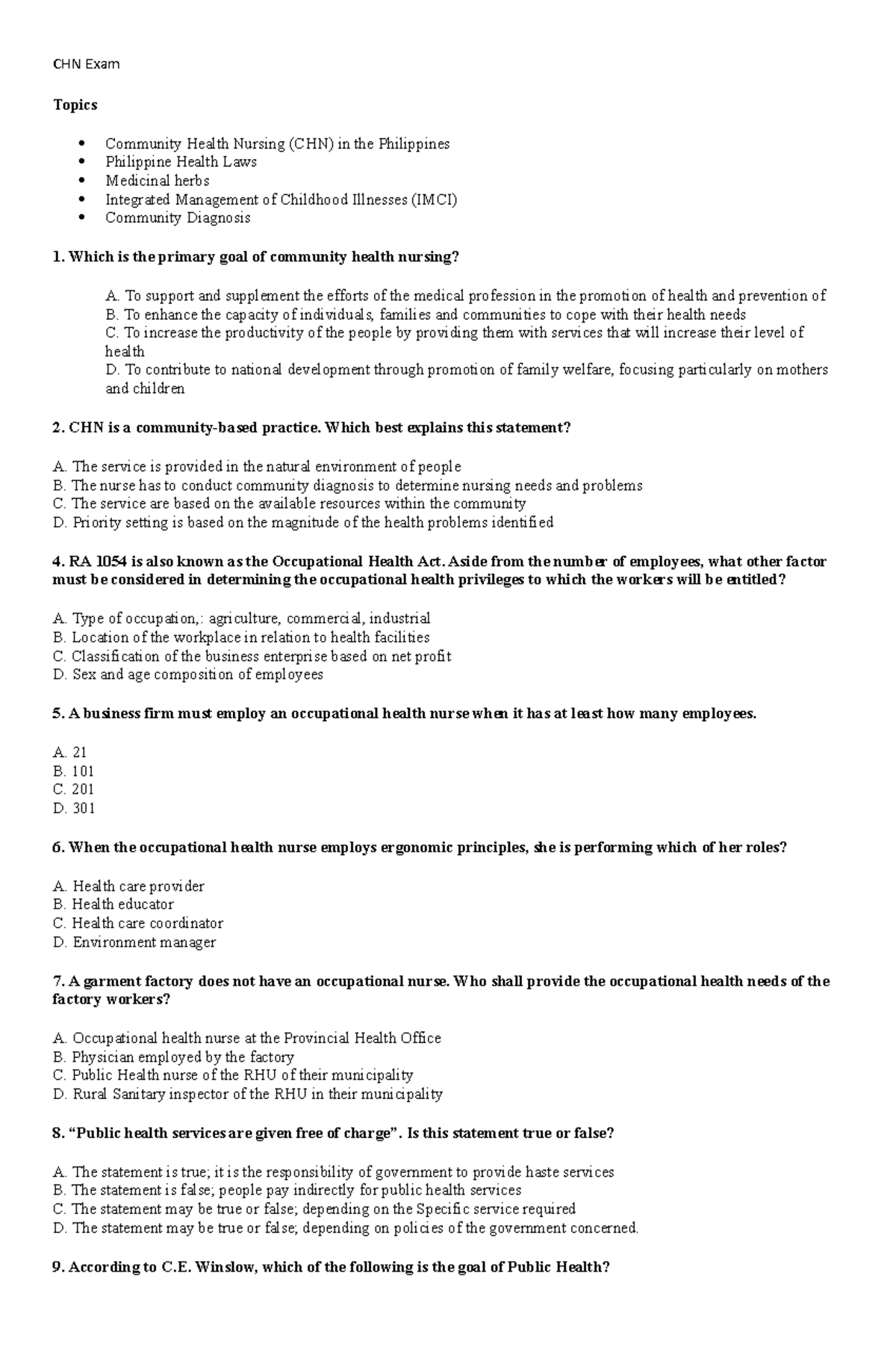 Share-CHNExam - CHN Exam Topics Community Health Nursing (CHN) in the ...
