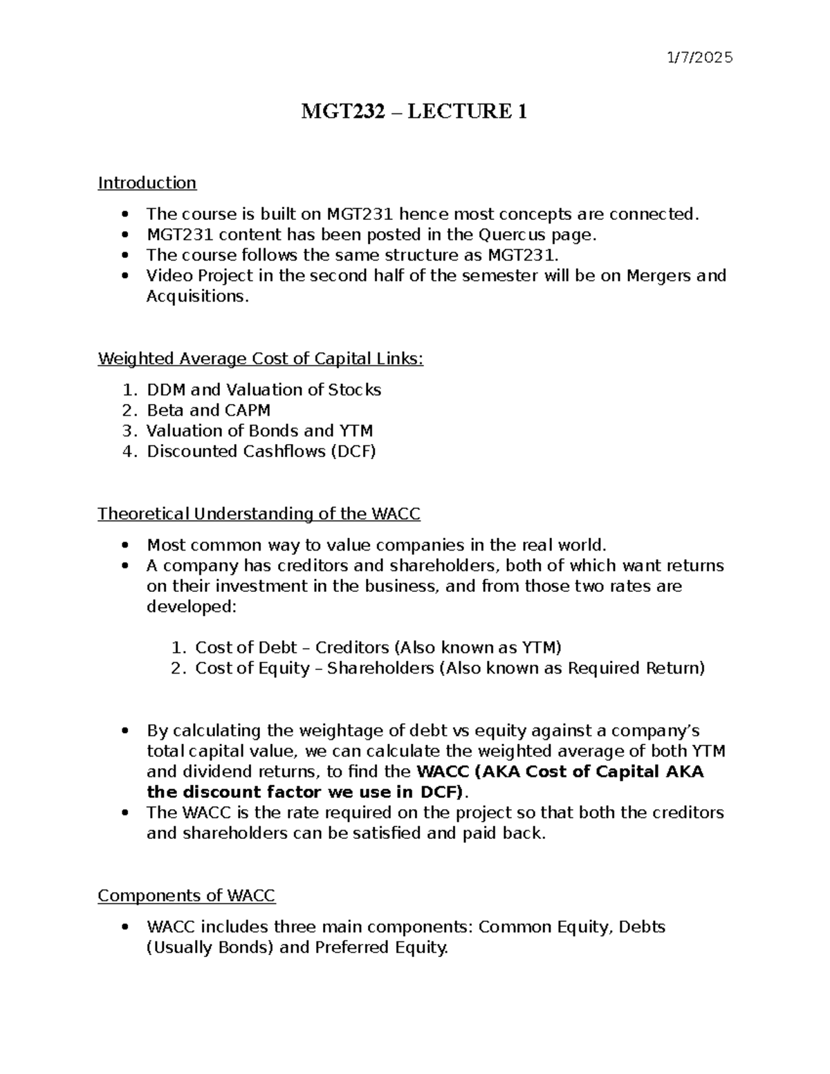 MGT232 LECTURE 1: Introduction to WACC and Valuation Concepts - Studocu