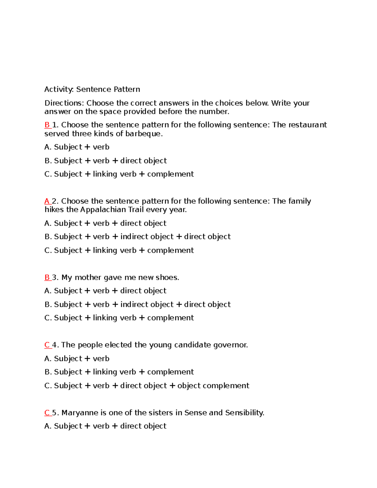 English 101: Quiz on Sentence Pattern Activities and Structures - Studocu