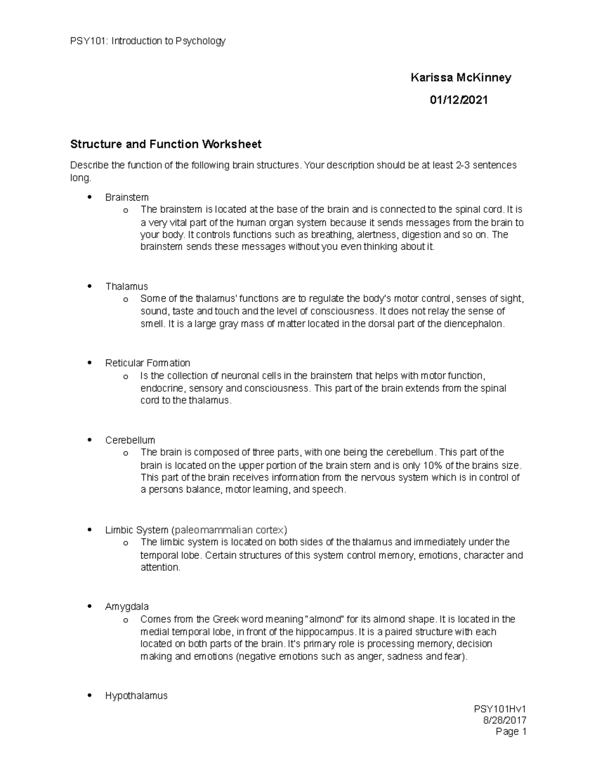 PSY101 Structure and Function Worksheet - PSY101: Introduction to ...