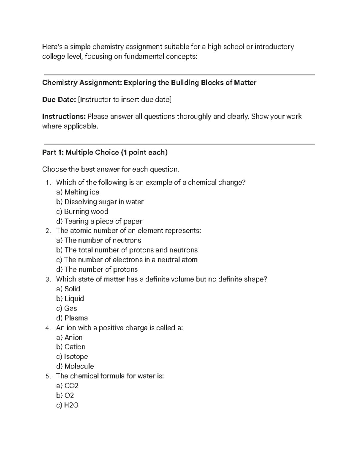 Chemistry 101: Introductory Assignment on Matter Fundamentals - Studocu