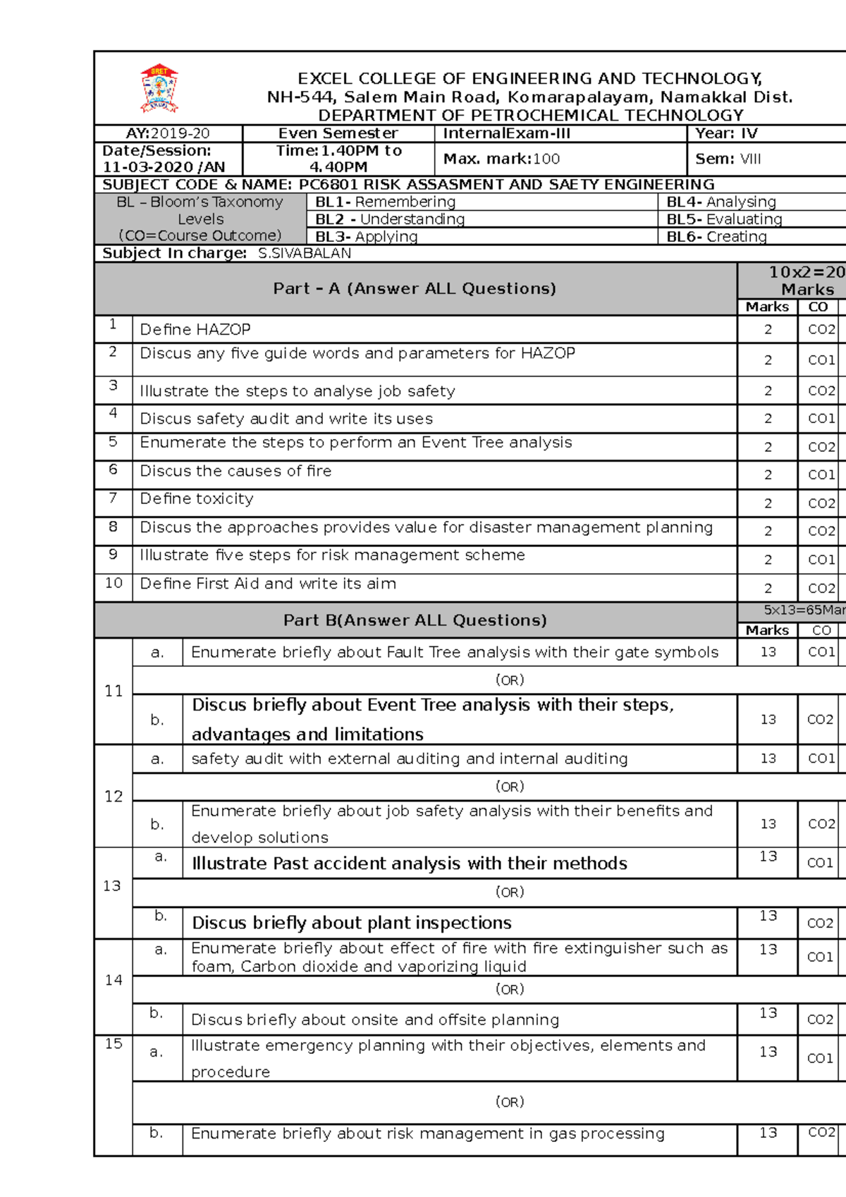 PC6801 Risk Assessment and Safety Engineering Model Exam Paper - Studocu