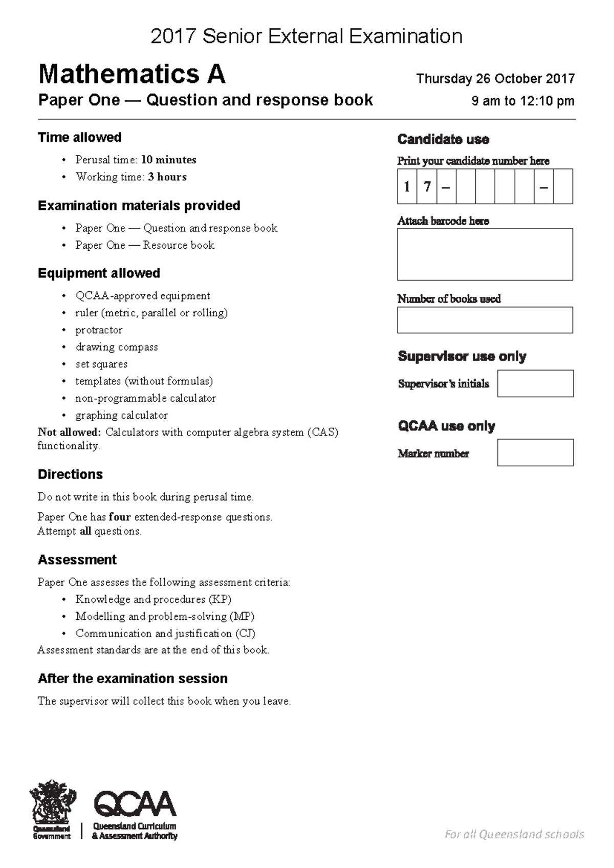 See maths a 17 p1 - hhh - For all Queensland schools 2017 Senior ...