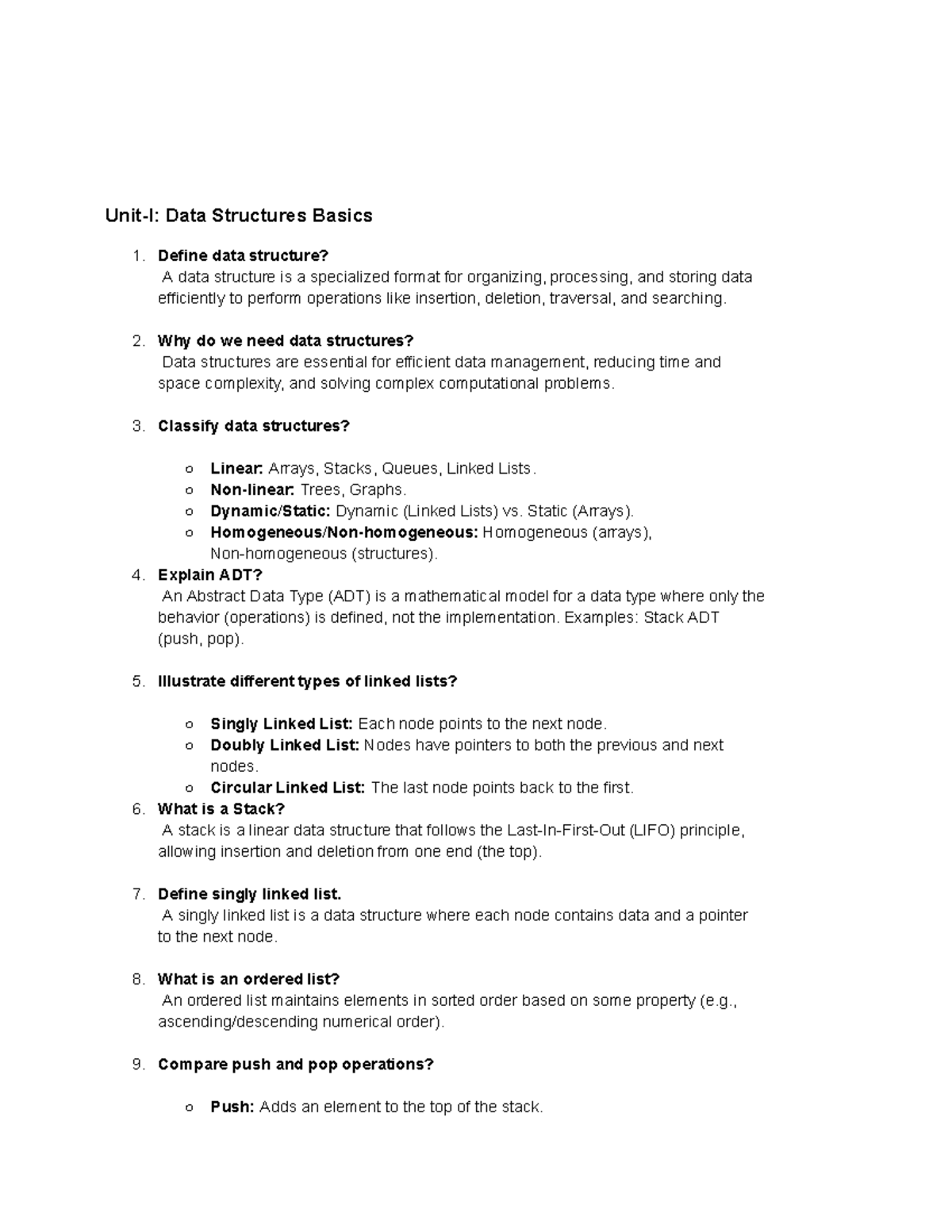 Ds short answers - Unit-I: Data Structures Basics 1. Define data ...