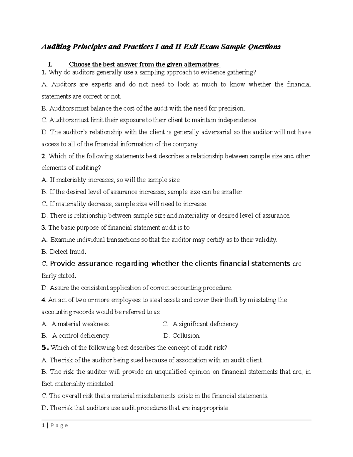 Auditing Principles & Practices I & II: Exit Exam Sample Questions ...