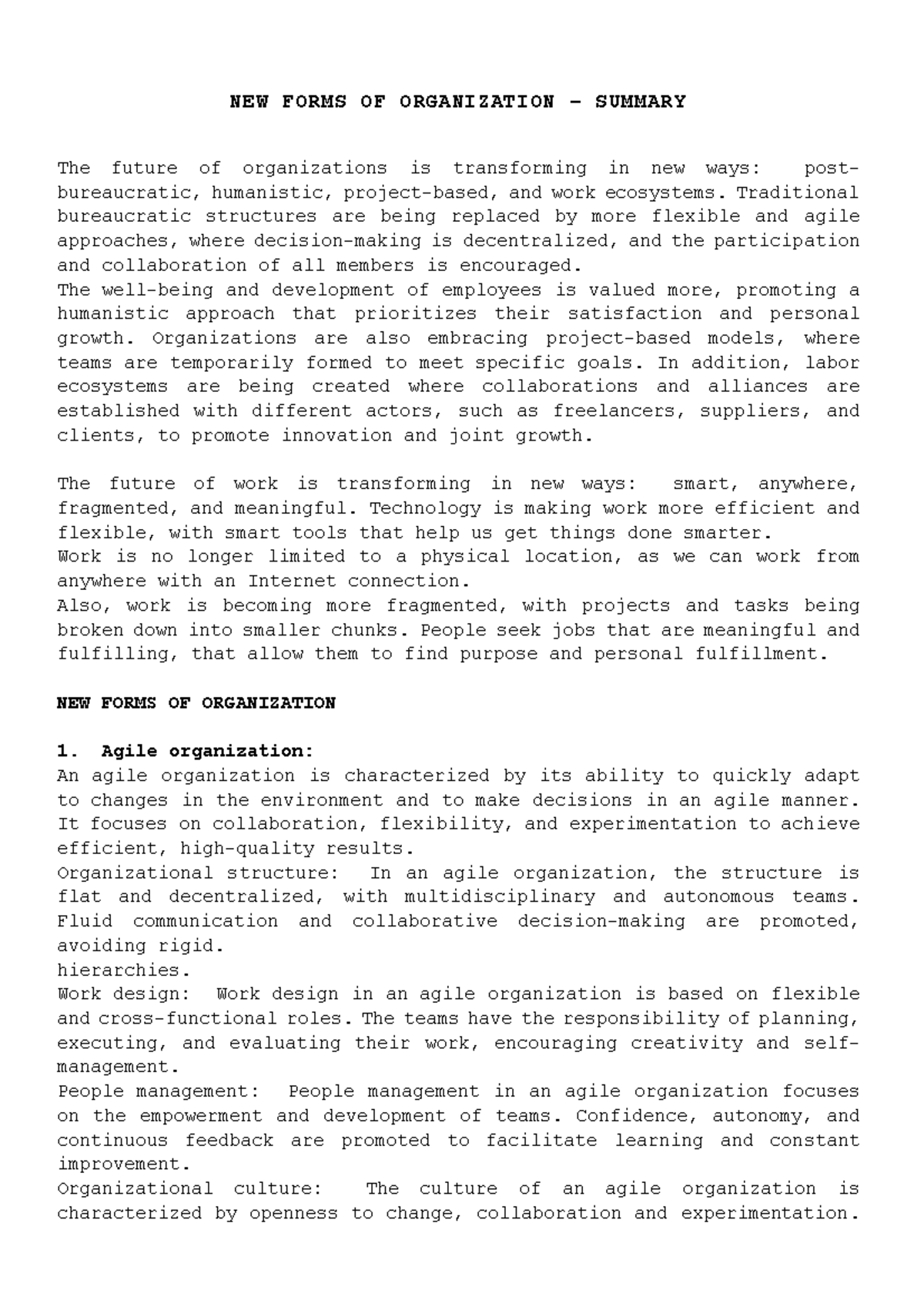 NEW Forms OF Organization - summary - NEW FORMS OF ORGANIZATION ...