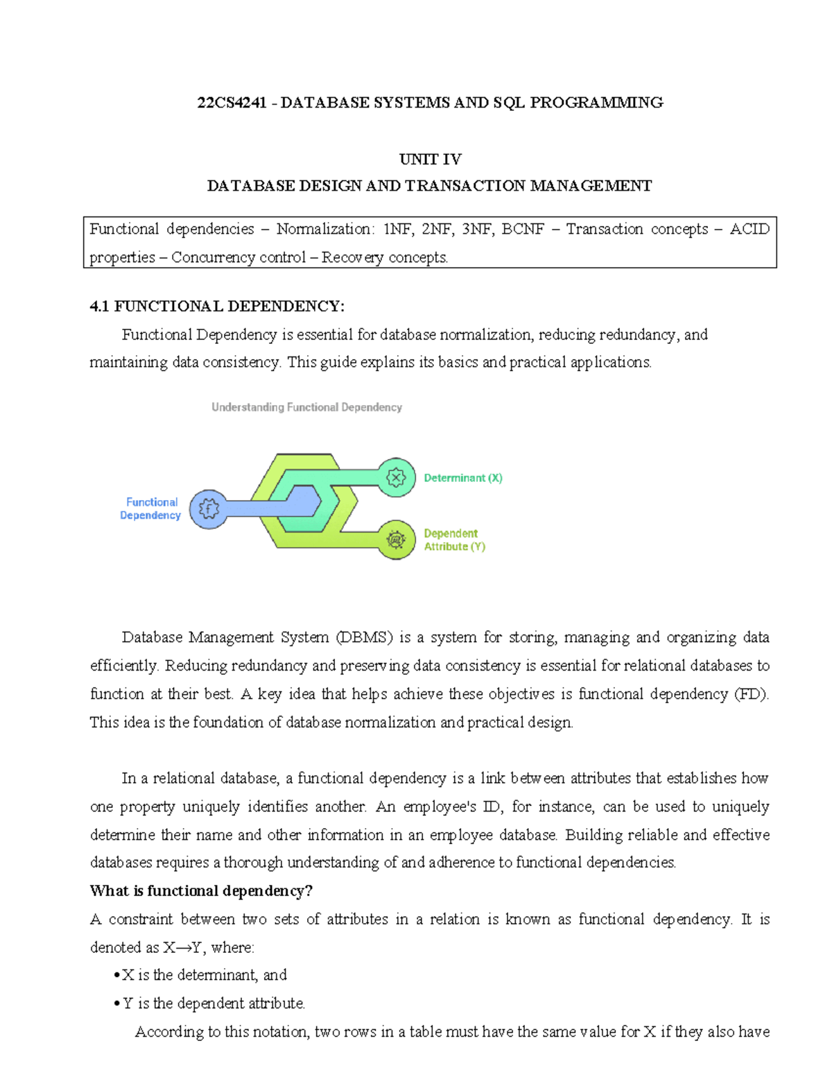 22CS4241 DATABASE SYSTEMS: Unit IV - Design & Transaction Management ...