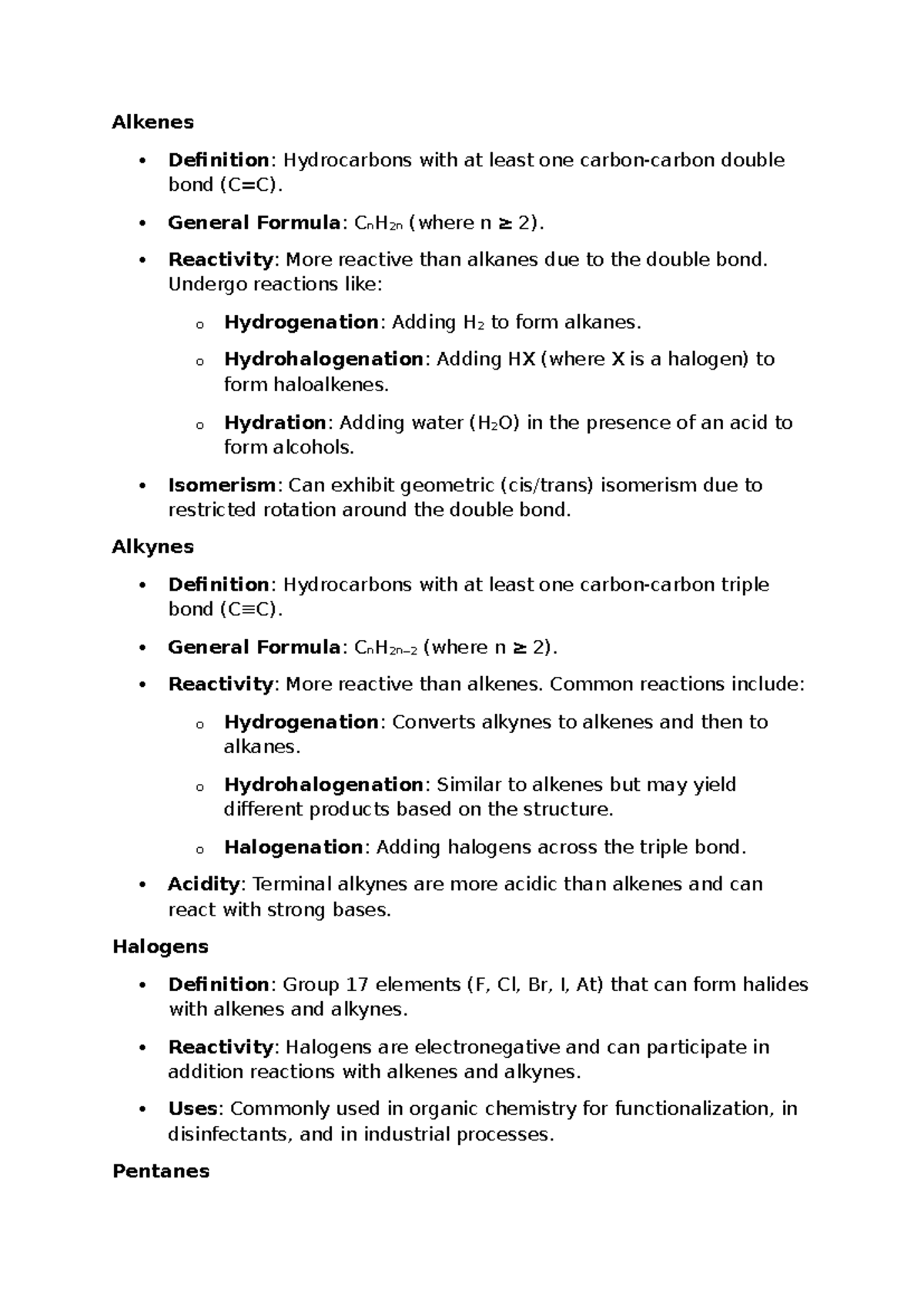 Chem 2: Alkenes and Alkynes Overview and Reactivity Summary - Studocu