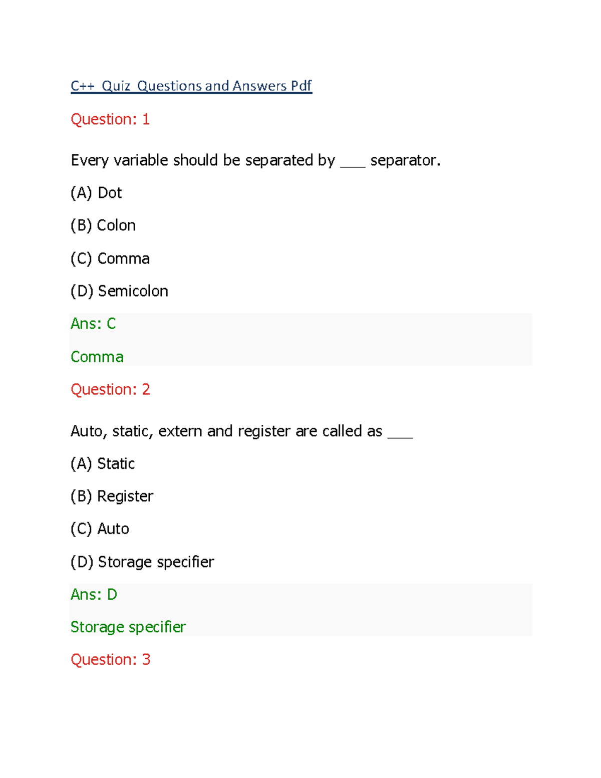 C++ Quiz Questions & Answers - Quiz 2023 - Studocu