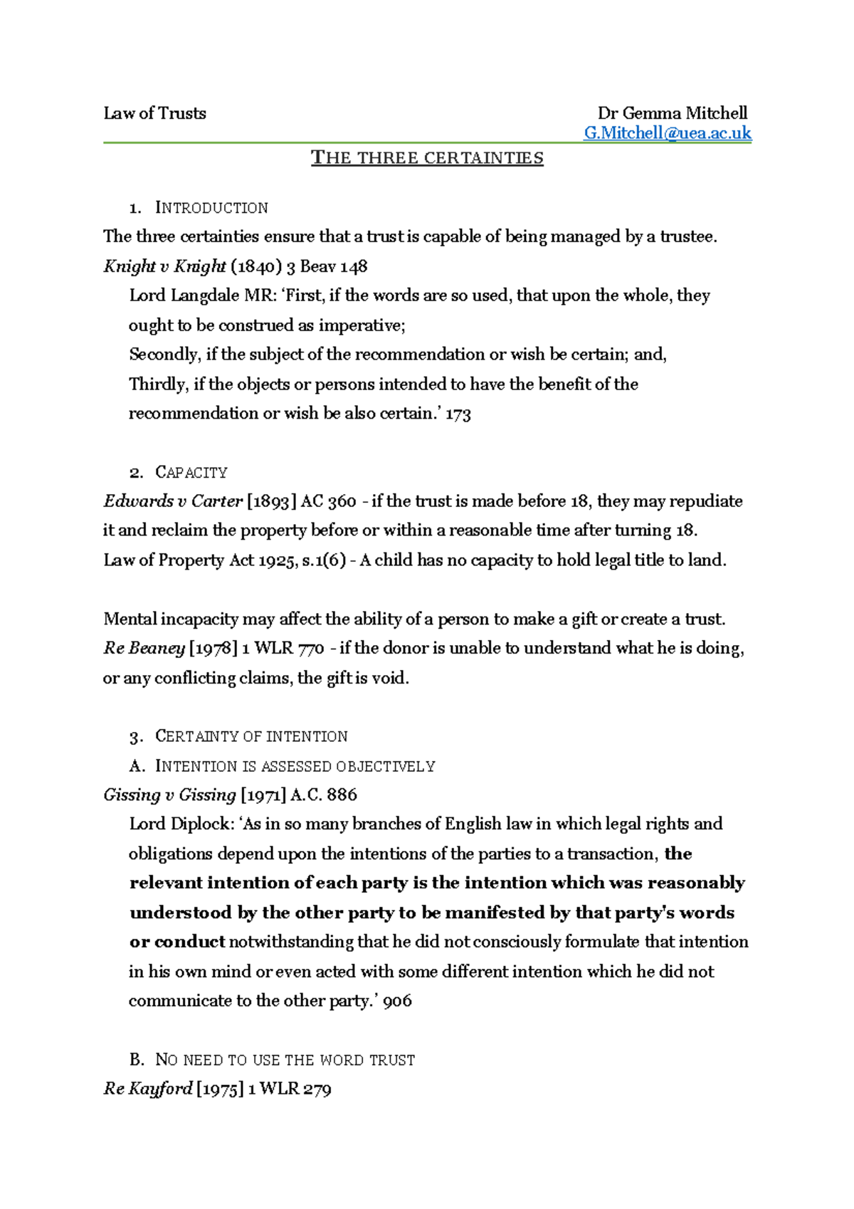 Three Certainties in Trusts - Law of Trusts Lecture Notes 7 - Studocu
