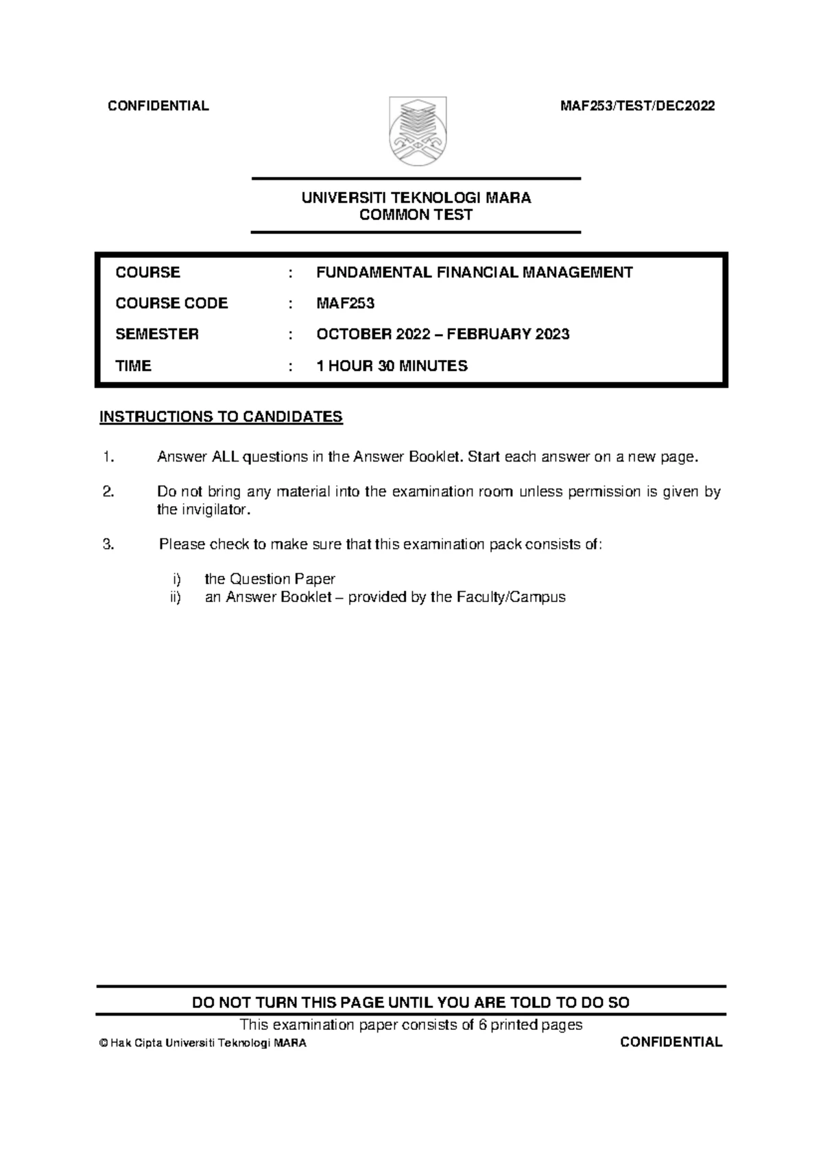 DEC22 MAF551 Management Accounting Test 1 Overview and Questions - Studocu
