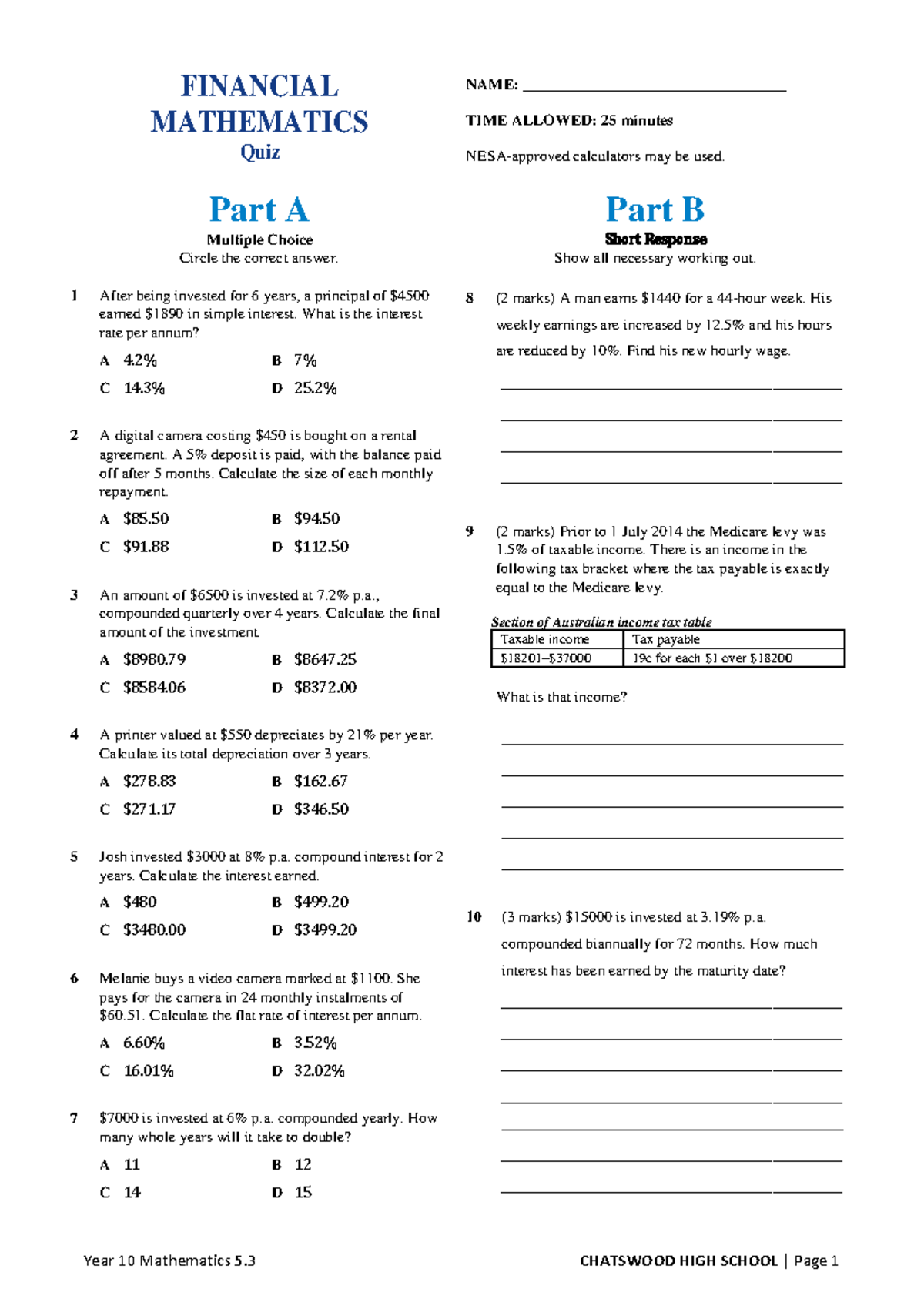 FINANCIAL MATHEMATICS Quiz 1: Interest & Depreciation Concepts - Studocu