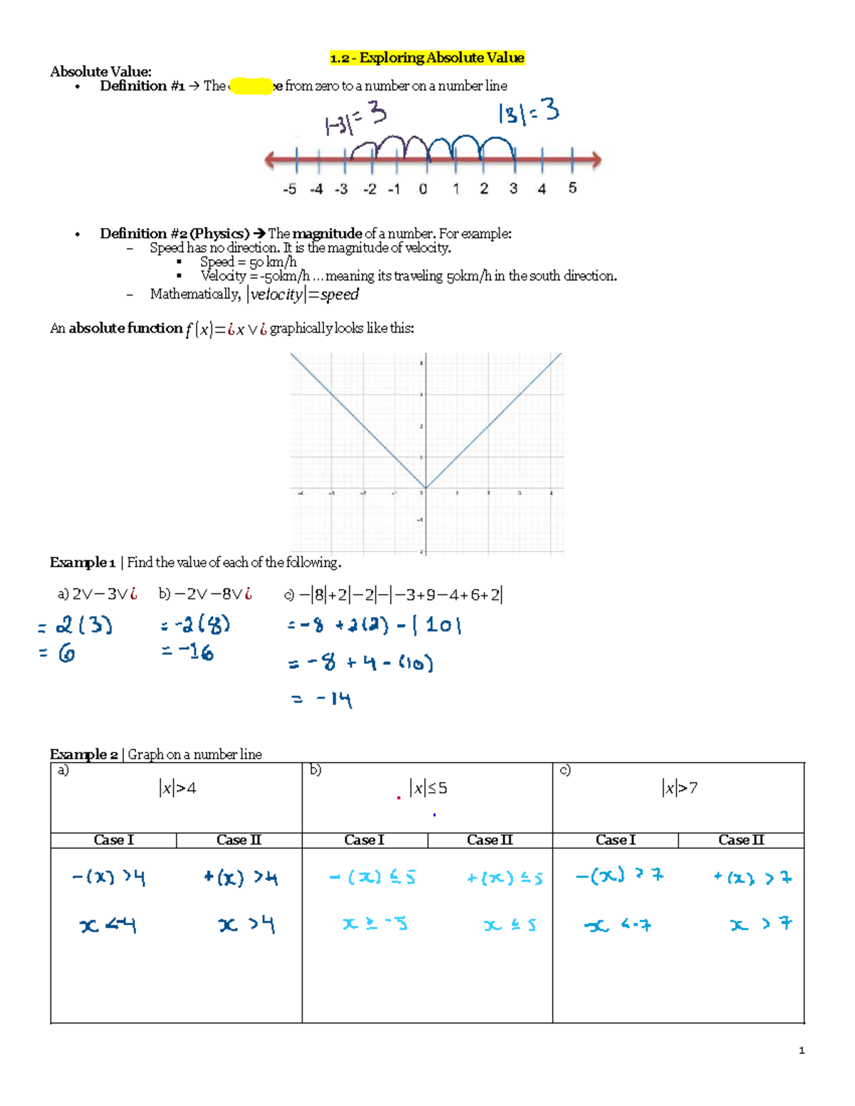 1.2 - Exploring Absolute Value: Filled Notes on Definitions & Examples ...