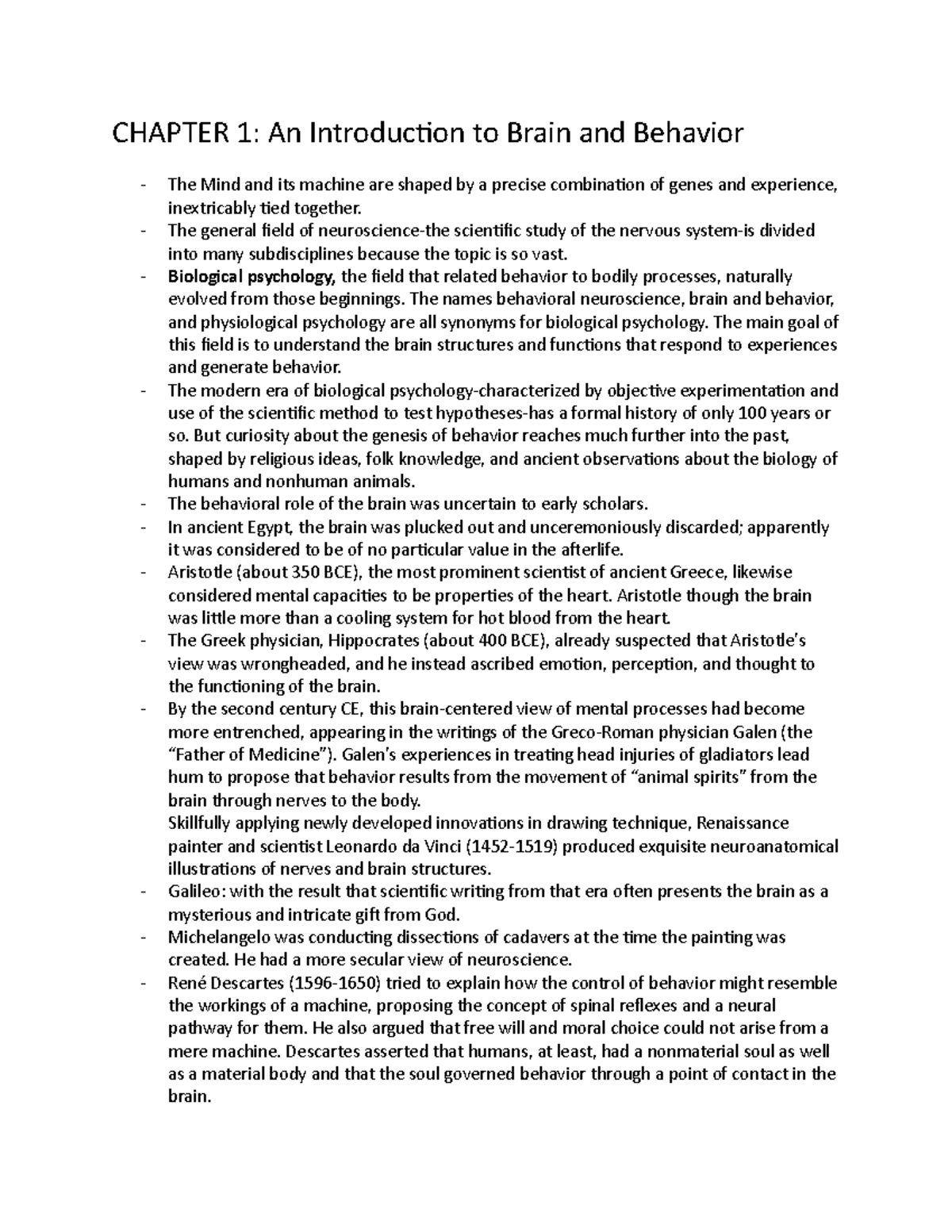 CH1 Neuro - Lecture Notes on Brain & Behavior Introduction - Studocu