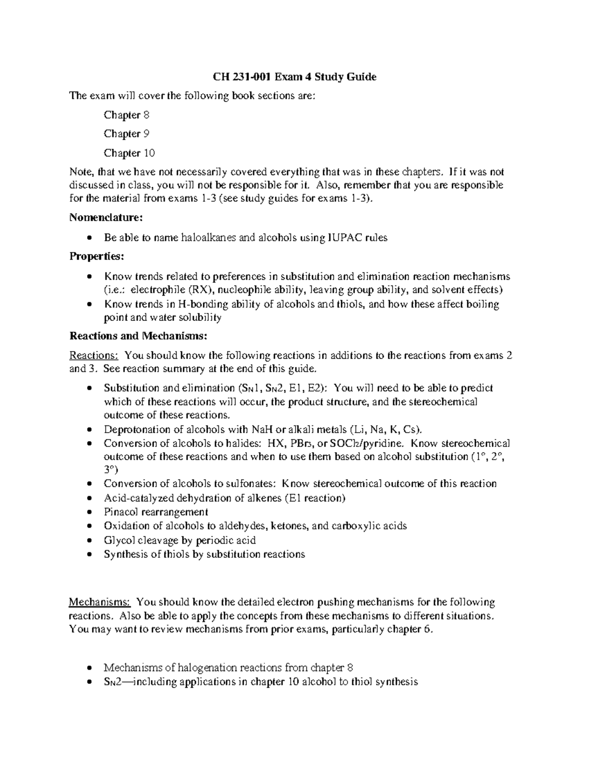CH231 Exam 4 study guide: Key concepts and reactions overview - Studocu