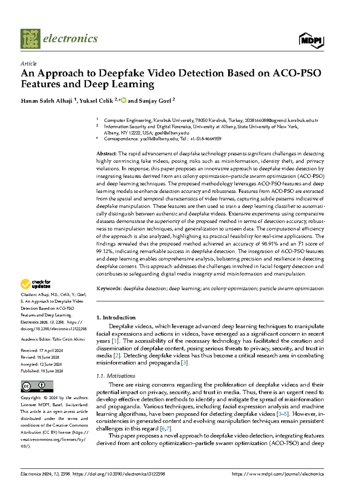 Electronics 2024: Deepfake Video Detection Using ACO and Deep Learning ...