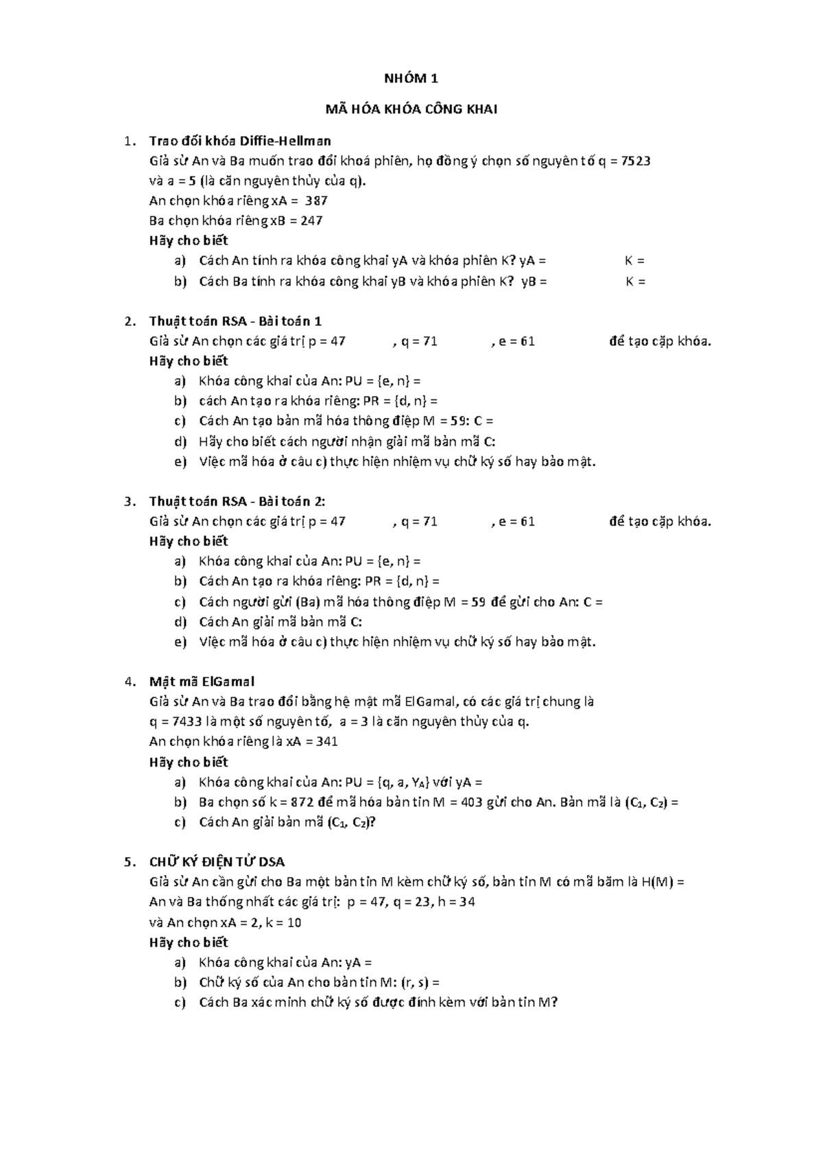 Bài tập Mã hóa khóa công khai - RSA & ElGamal - CSE101 - Studocu