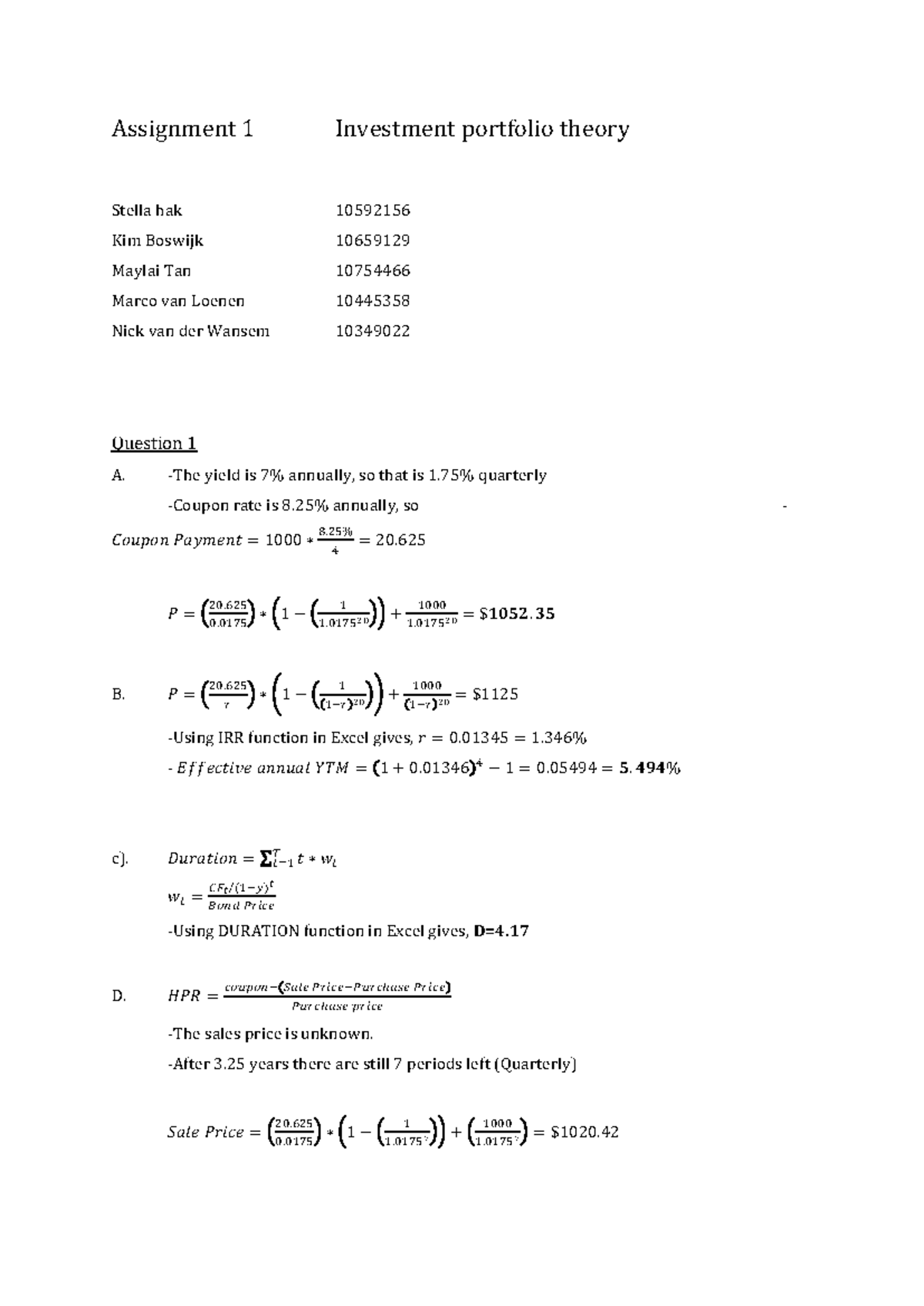 Assignment 1 - Investment Portfolio Theory Analysis and Solutions ...