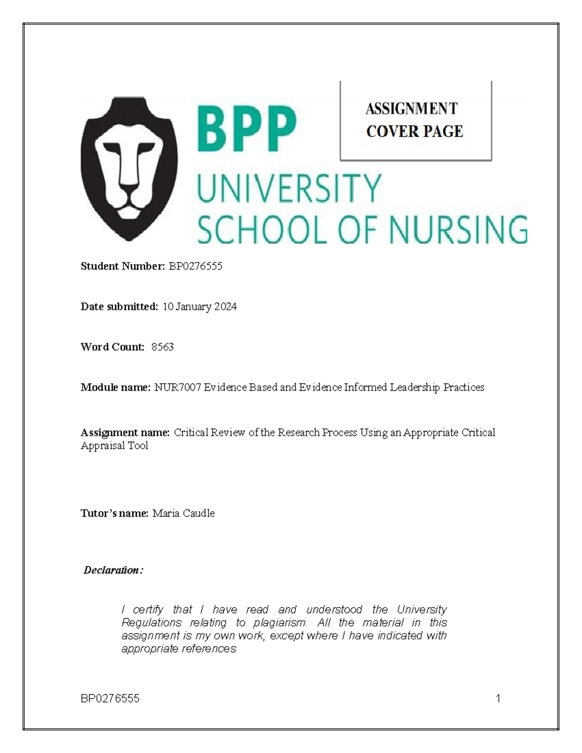 Critical Appraisal tool in Research process - Student Number: BP Date ...