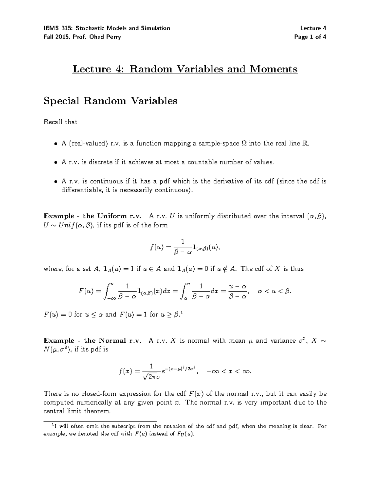 315-Lec4 - Lecture notes 4 - IEMS 315: Stochastic Models and Simulation ...
