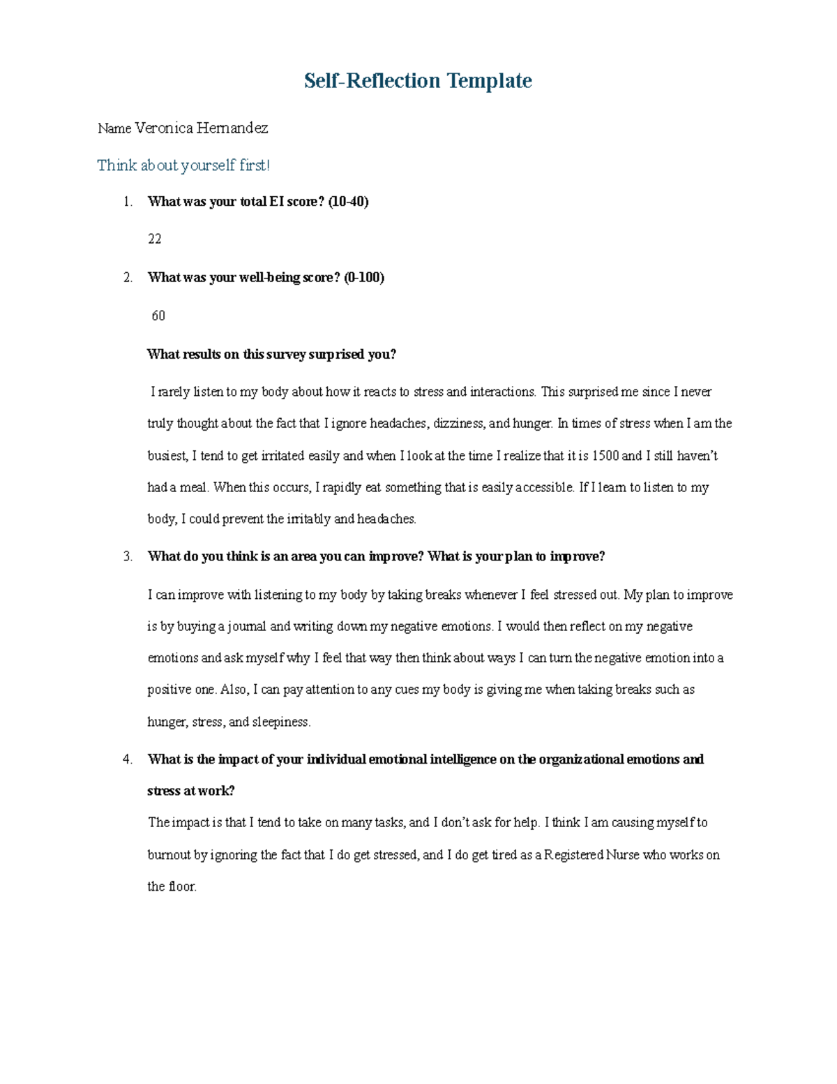 Self-Reflection Template: Emotional Intelligence Insights (Final) - Studocu