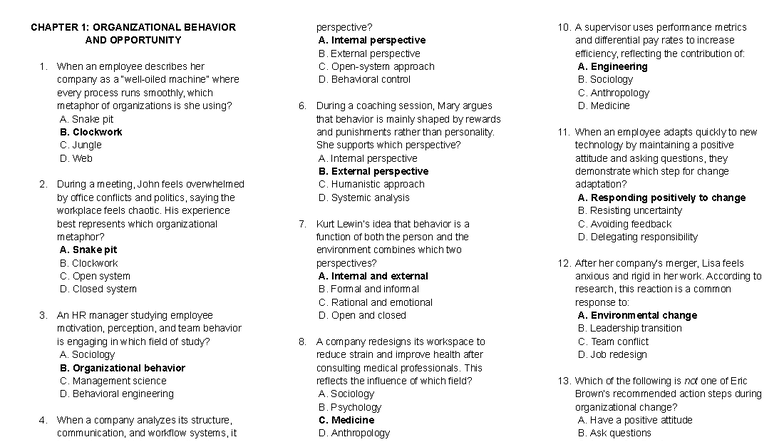 HBO CHAP 1-7 EXAM REVIEWER: ORGANIZATIONAL BEHAVIOR INSIGHTS - Studocu