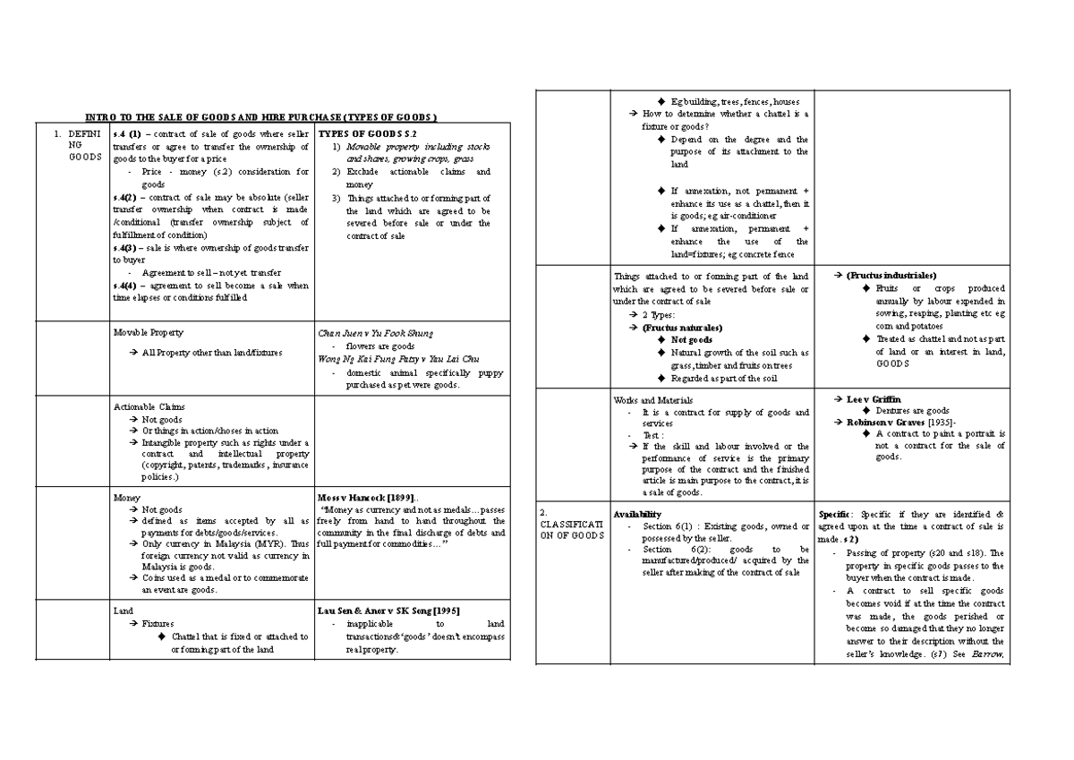 SOGA 101: Final Exam Notes on Sale of Goods and Hire Purchase - Studocu