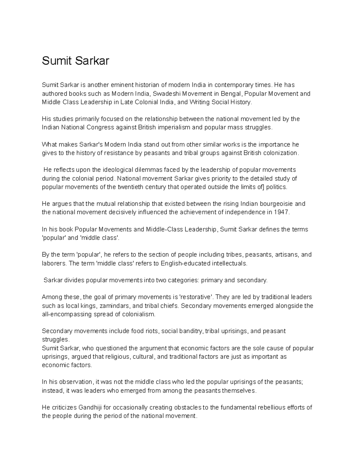 Sumit Sarkar: Insights on Popular Movements in Modern India - Studocu