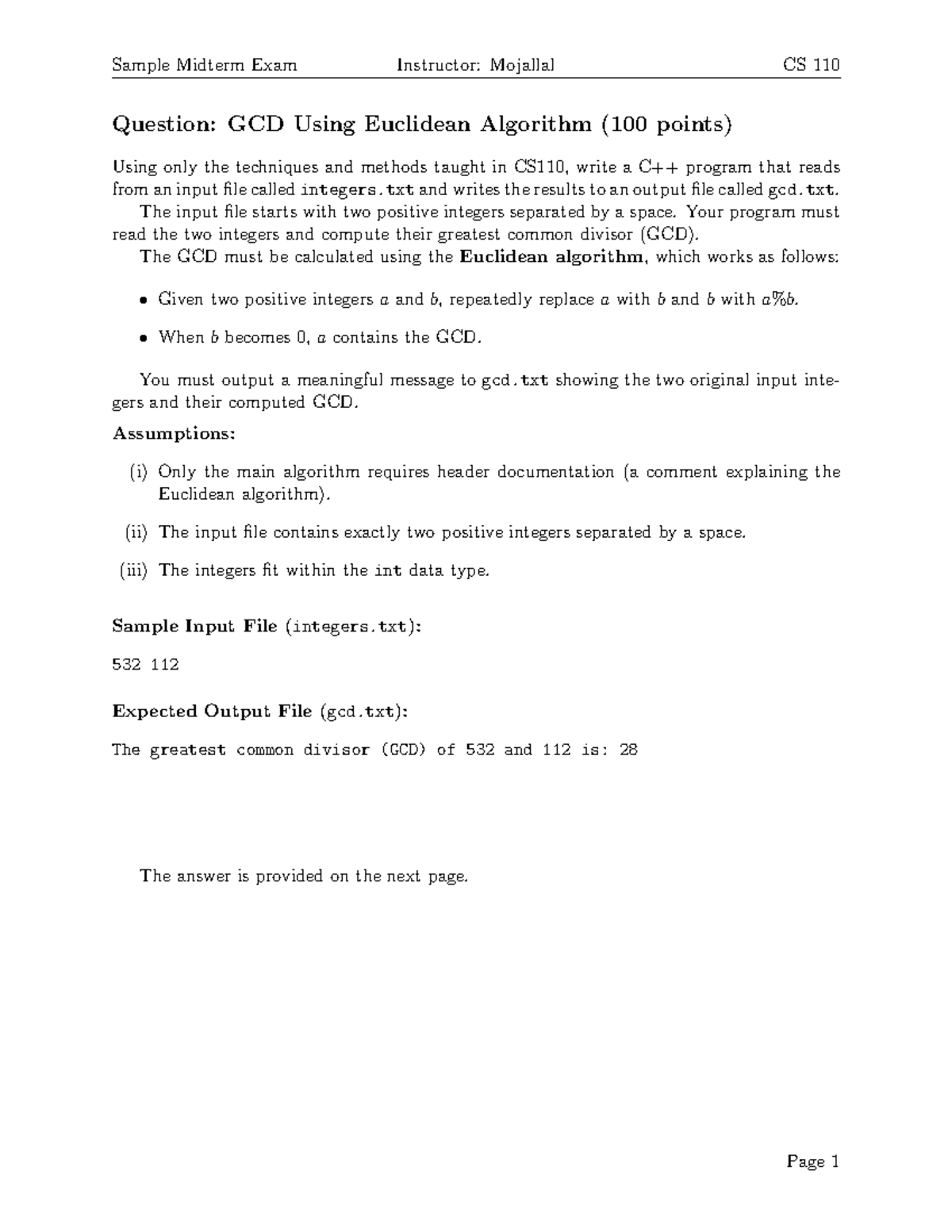 CS 110 Midterm Exam: GCD Calculation Using Euclidean Algorithm - Studocu
