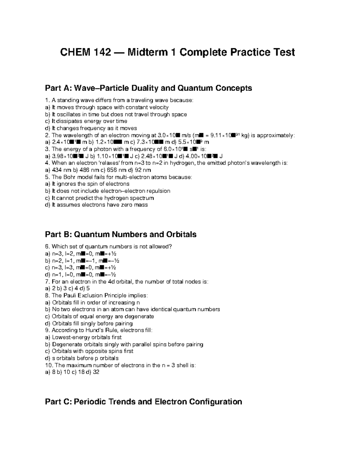CHEM 142 Midterm 1 Practice Test & Answer Key: Quantum Concepts - Studocu