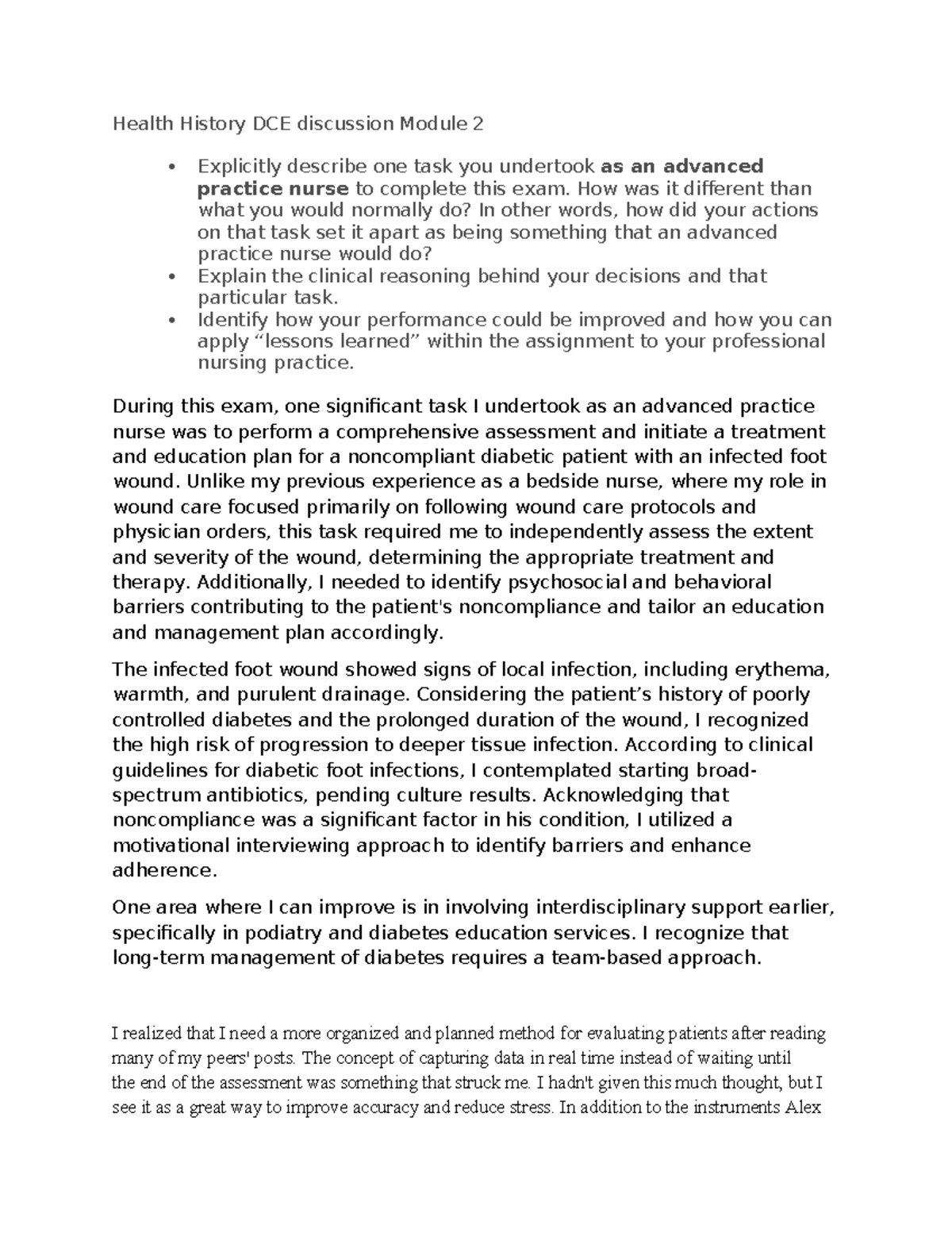 Health History DCE Discussion: Advanced Practice Nursing Insights - Studocu